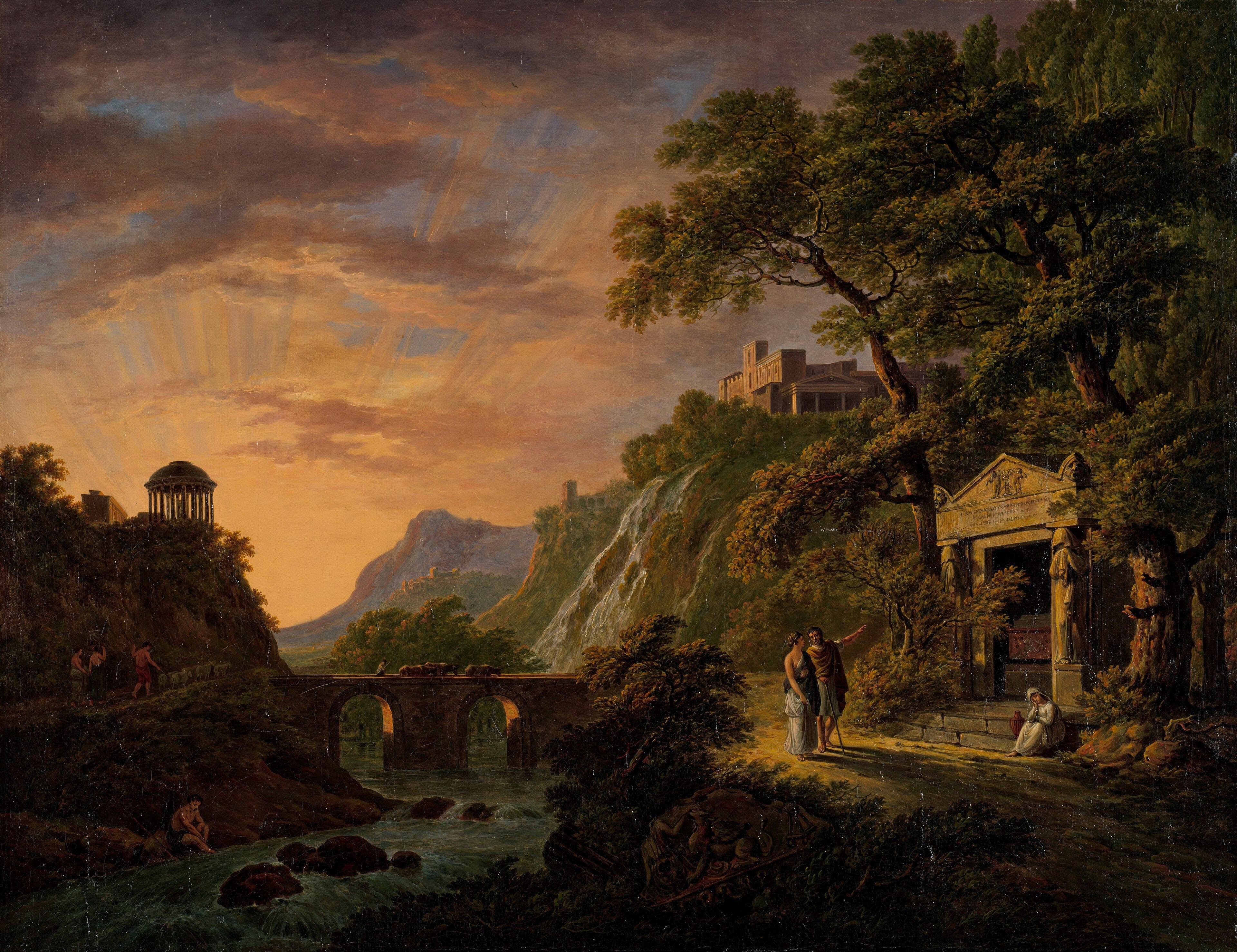 Dutch: Arcadisch landschap met ondergaande zon. by Daniël Dupré