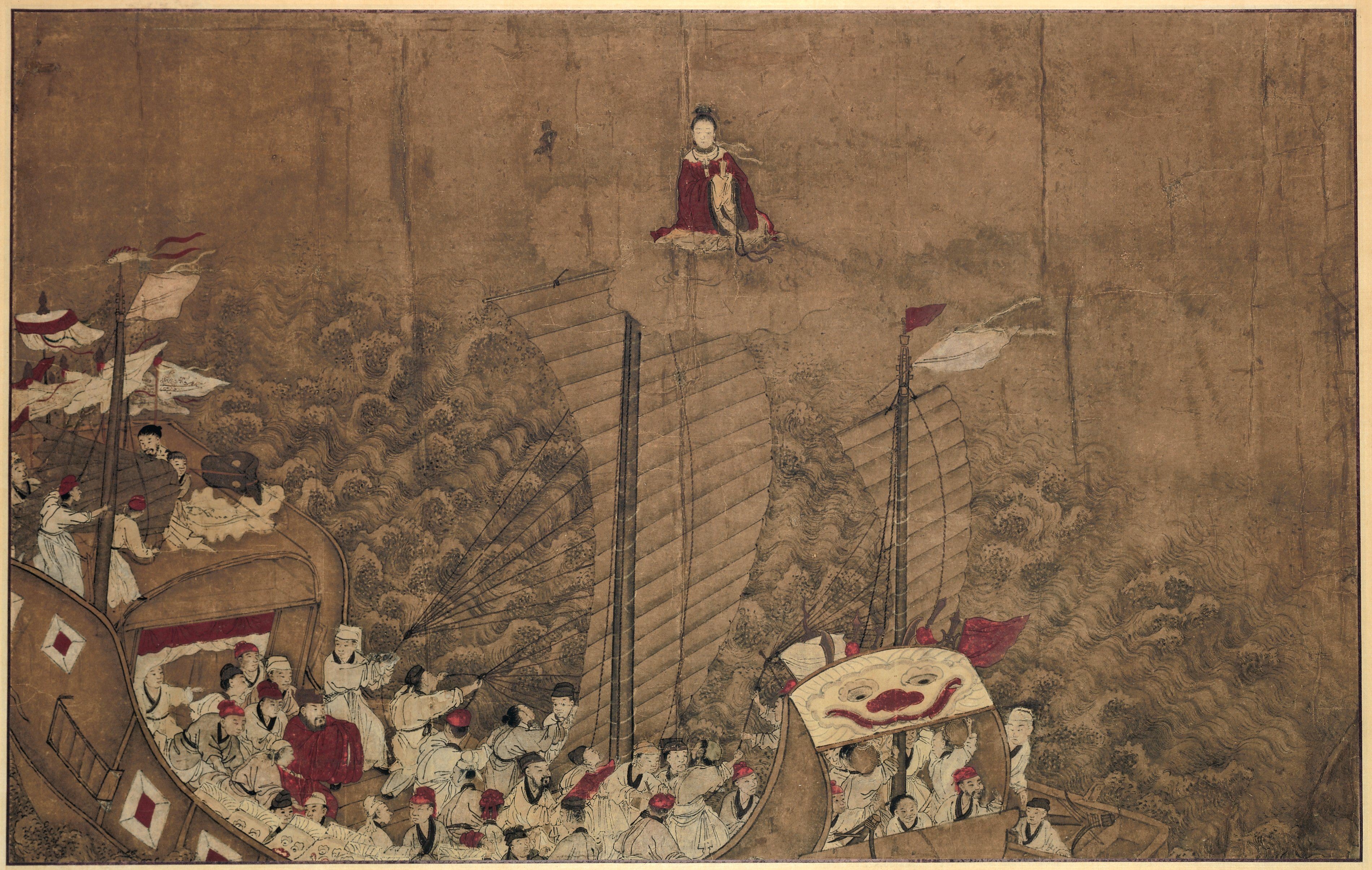Een schip op volle zee (Dutch name as stated by the Rijksmuseum) Mazu rescues Lu Yundi's embassy returning from Korea (English name as stated by Ruitenbeek) by Anonymous Unknown author