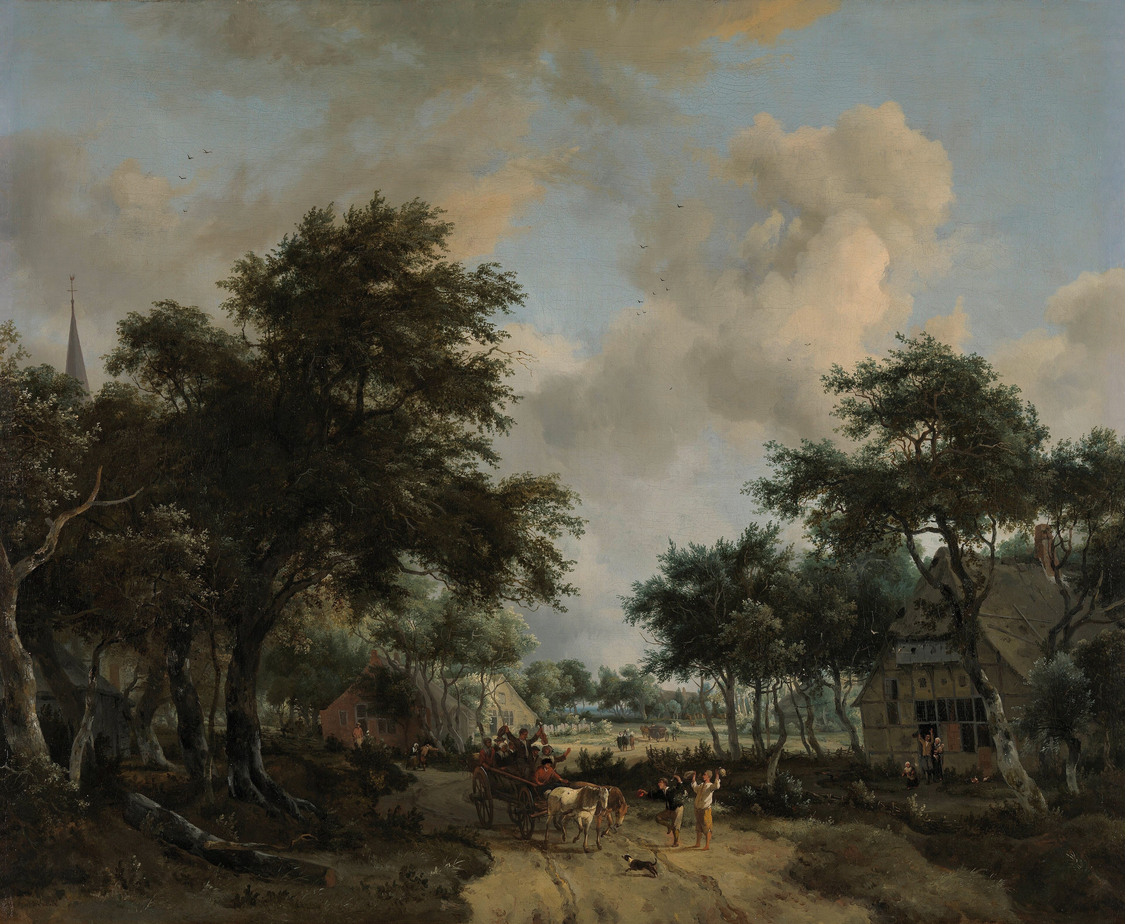 Wooded Landscape with Merrymakers in a horse-drawn wagon by Meindert Hobbema