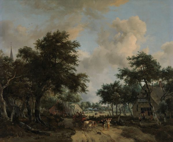 Wooded Landscape with Merrymakers in a horse-drawn wagon by Meindert Hobbema