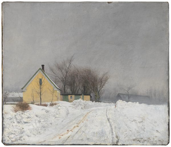 Foggy Winter Day. To the Left a Yellow House. Deep Snow. by Laurits Andersen Ring