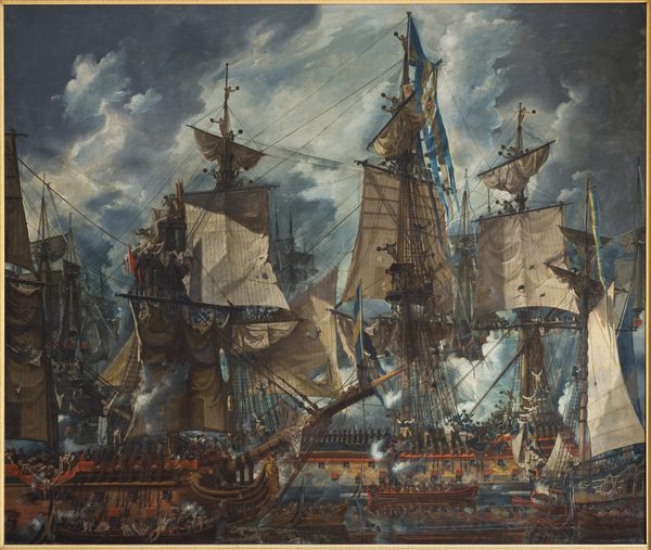 Svenska chefsskeppet Gustaf III efter slaget vid Hogland 1788 by Louis Jean Desprez