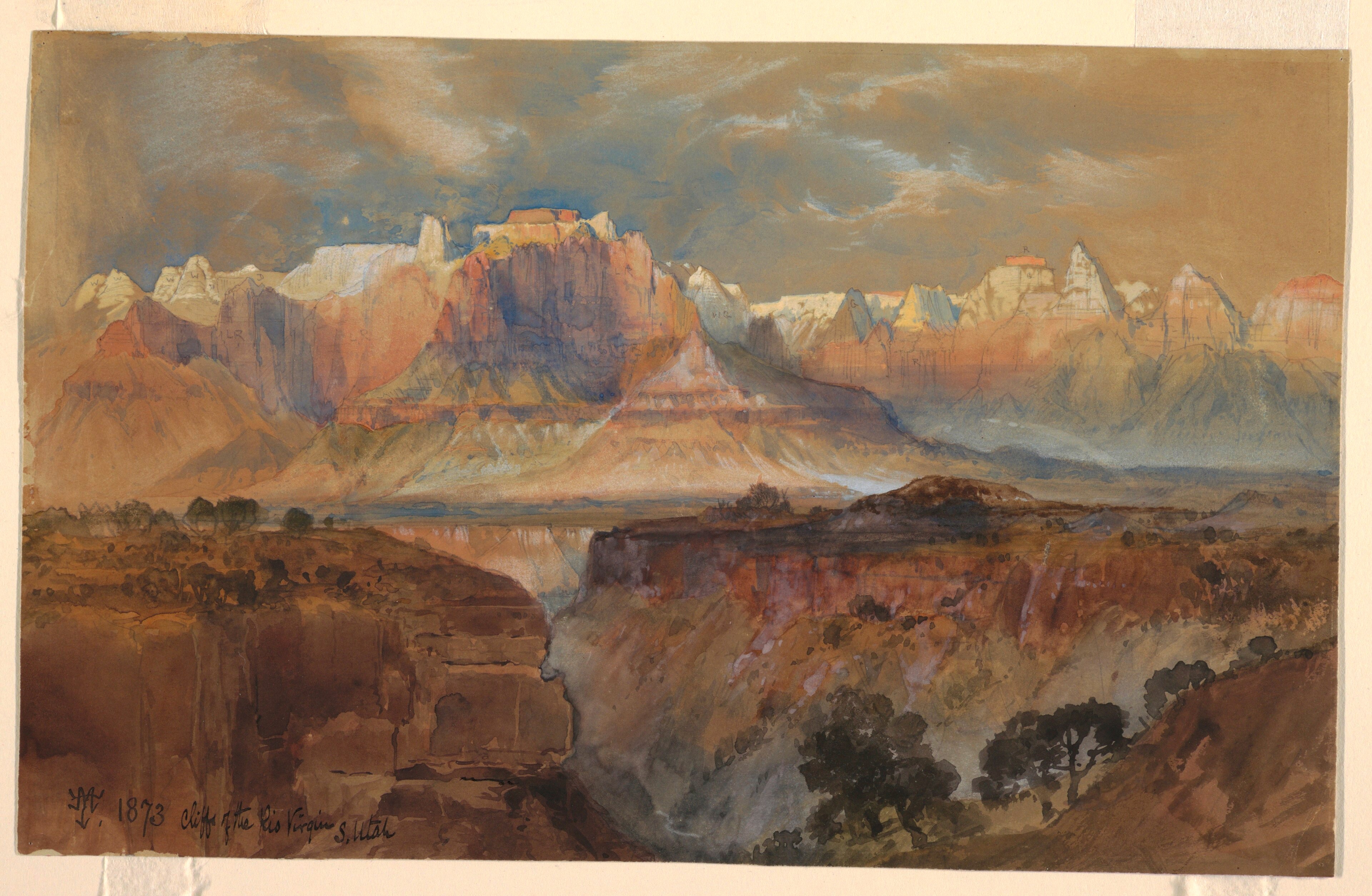 Drawing, Cliffs of the Rio Virgin, South Utah, 1873 by Thomas Moran