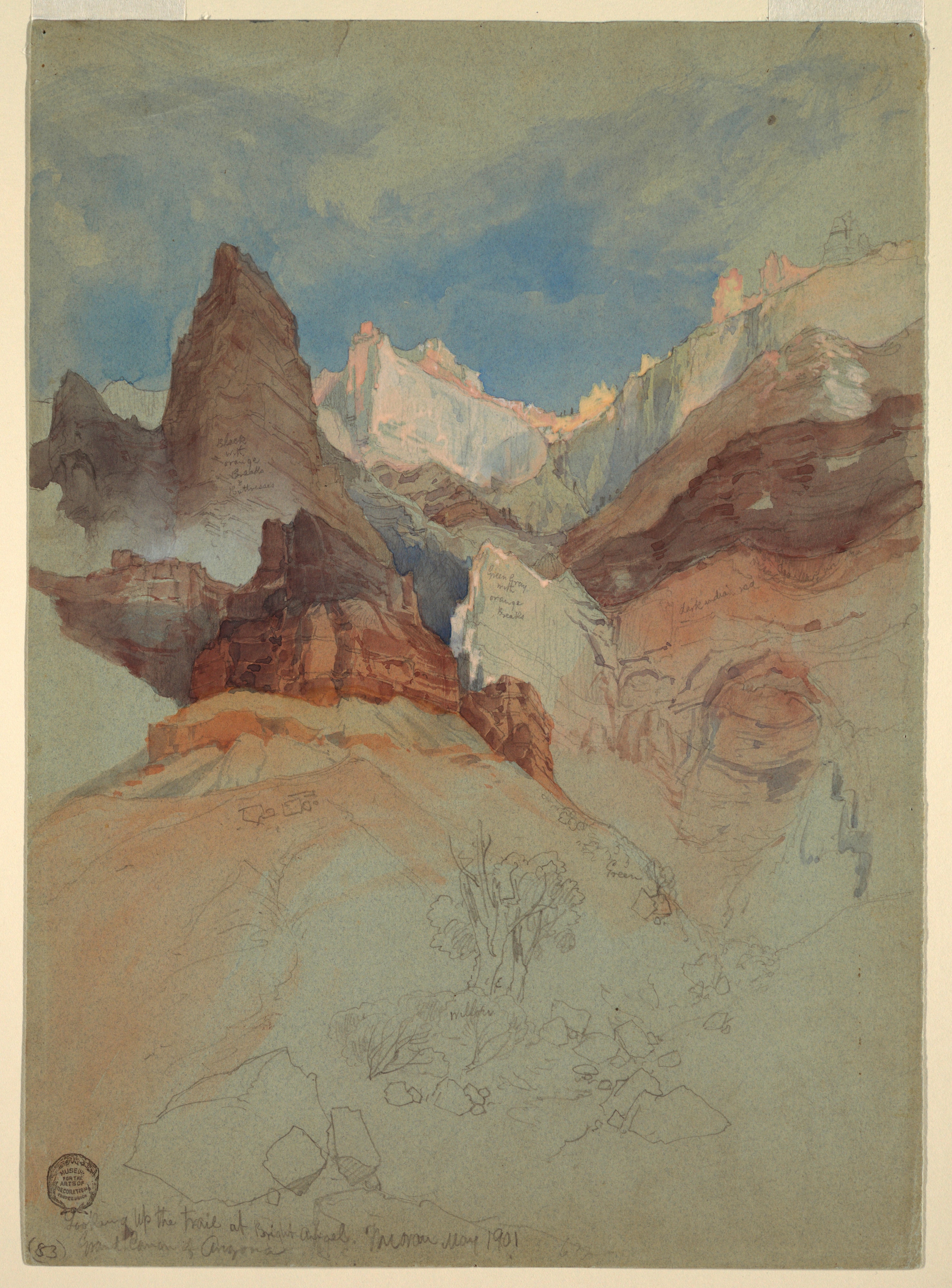 Drawing, Looking up the Trail at Bright Angel, Grand Canyon, Arizona, May 1901 by Thomas Moran
