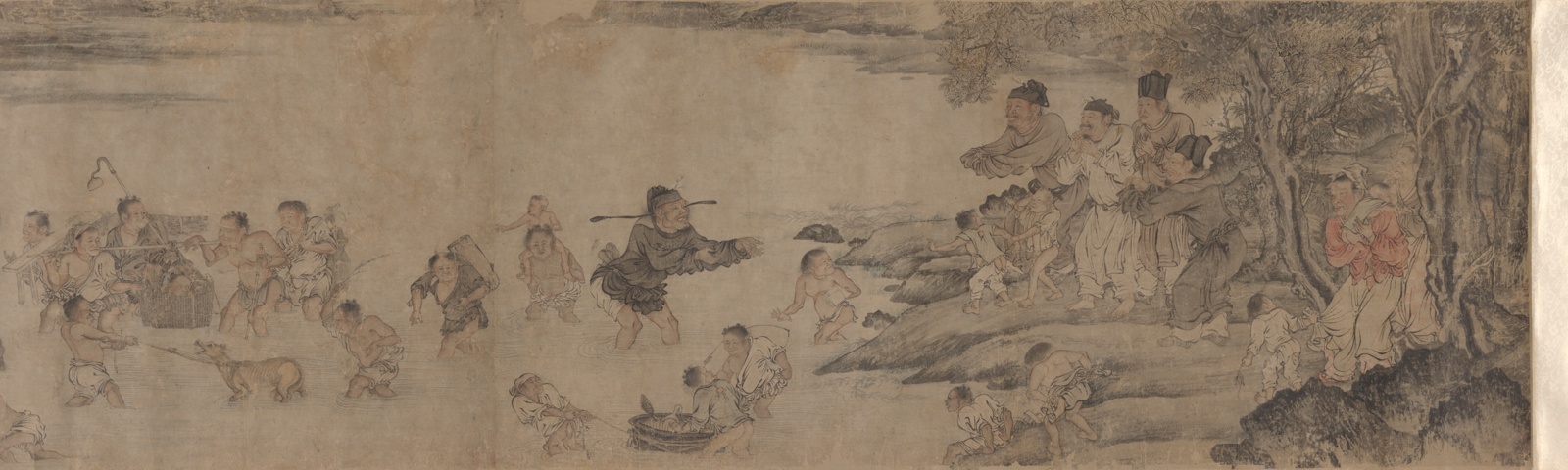 Long scroll ink painting depicting people with their animals and belongings crossing a river.
