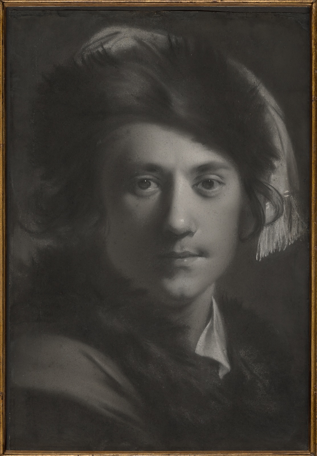 Black, gray pastel portrait of man in a fur hat.