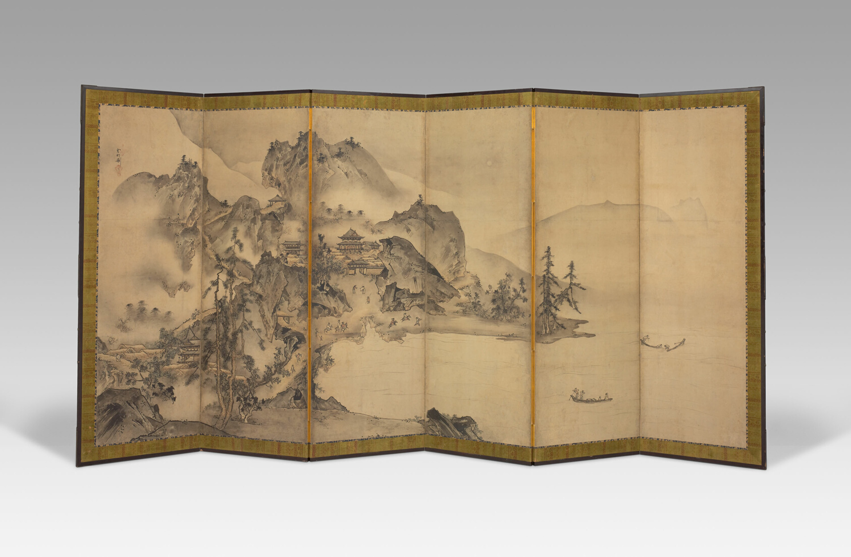 A work made of pair of six-fold screens; ink and light color on paper.