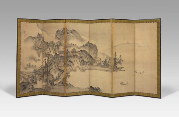 A work made of pair of six-fold screens; ink and light color on paper.