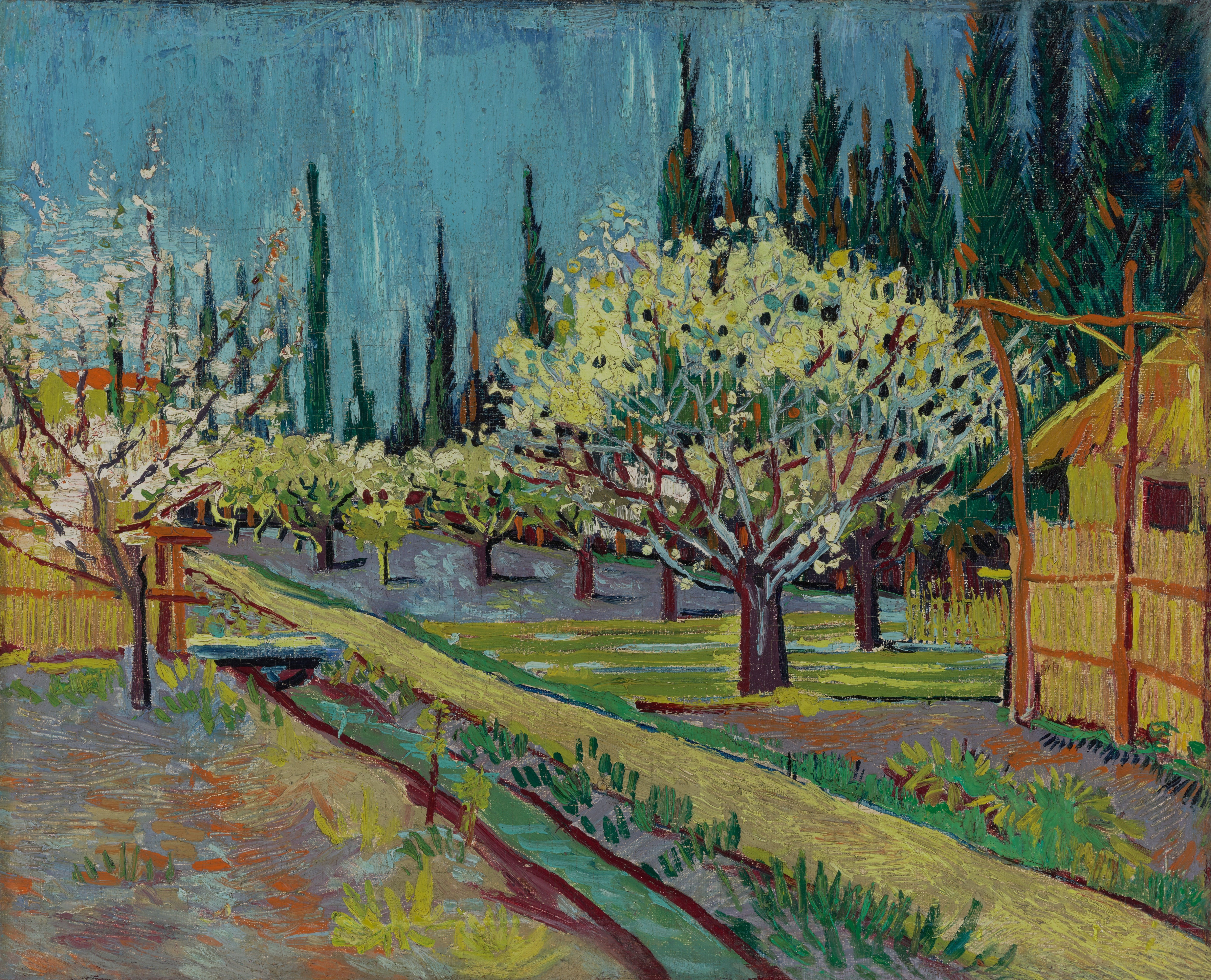 Flowering orchard, surrounded by cypress, 1888-04 1888, by Vincent van Gogh