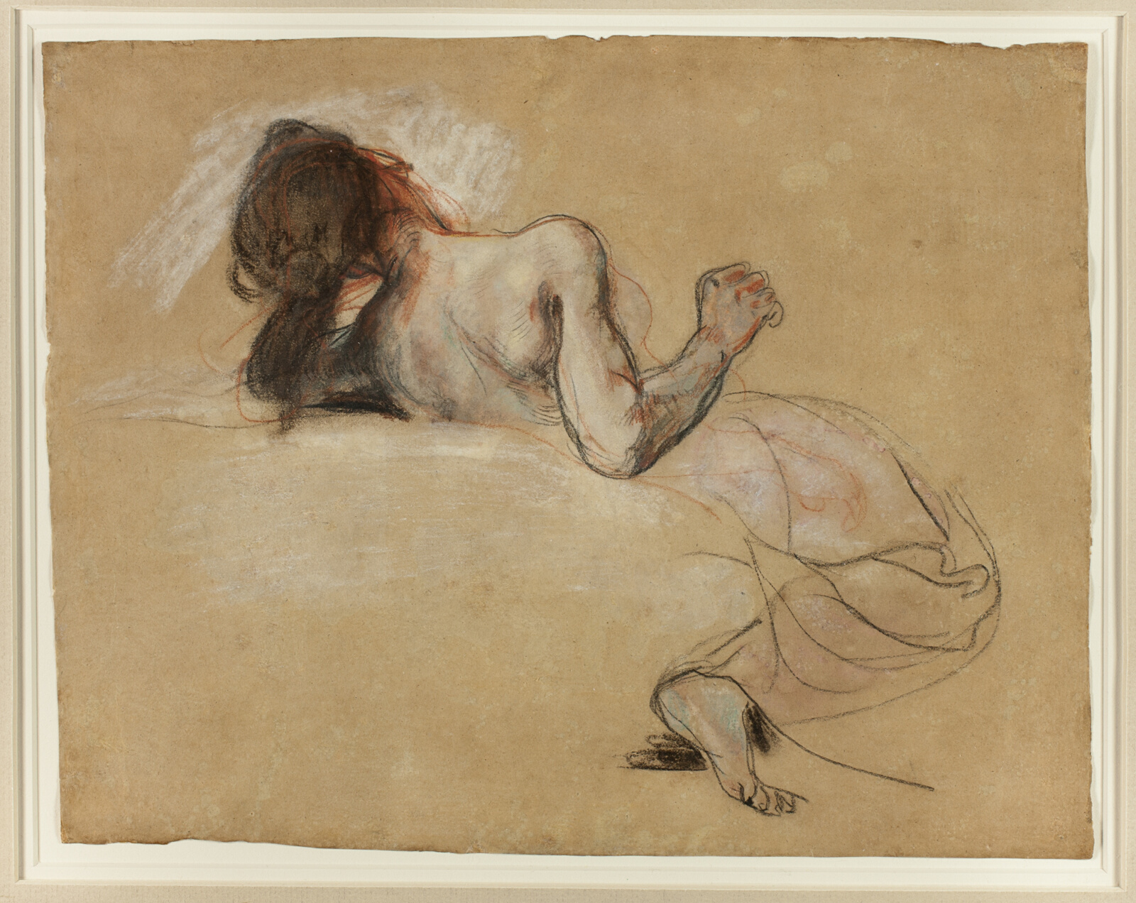 Black, white, red chalk drawing of woman's back.