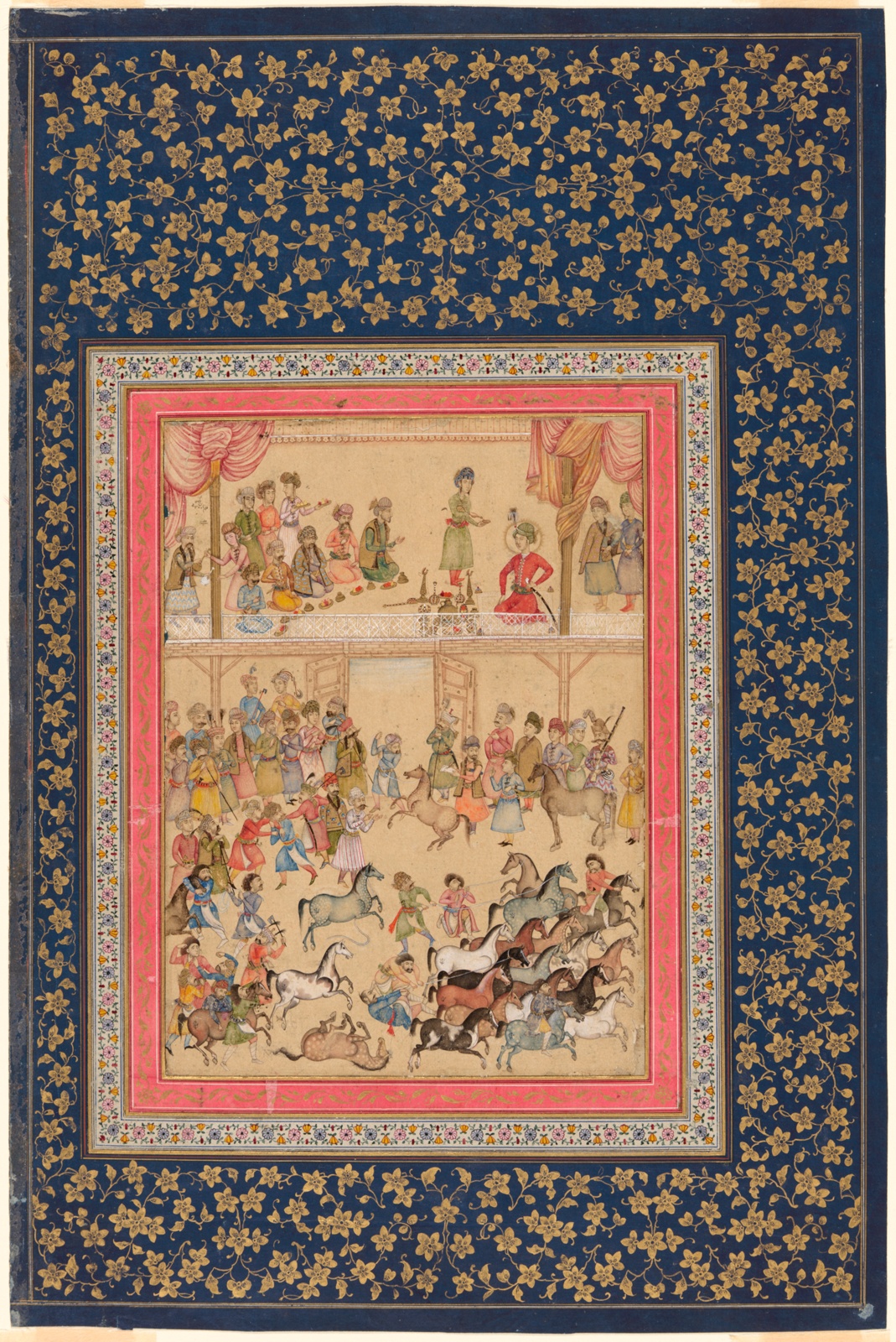 Watercolor of tiny people and horses, framed with gold flowers on navy background.