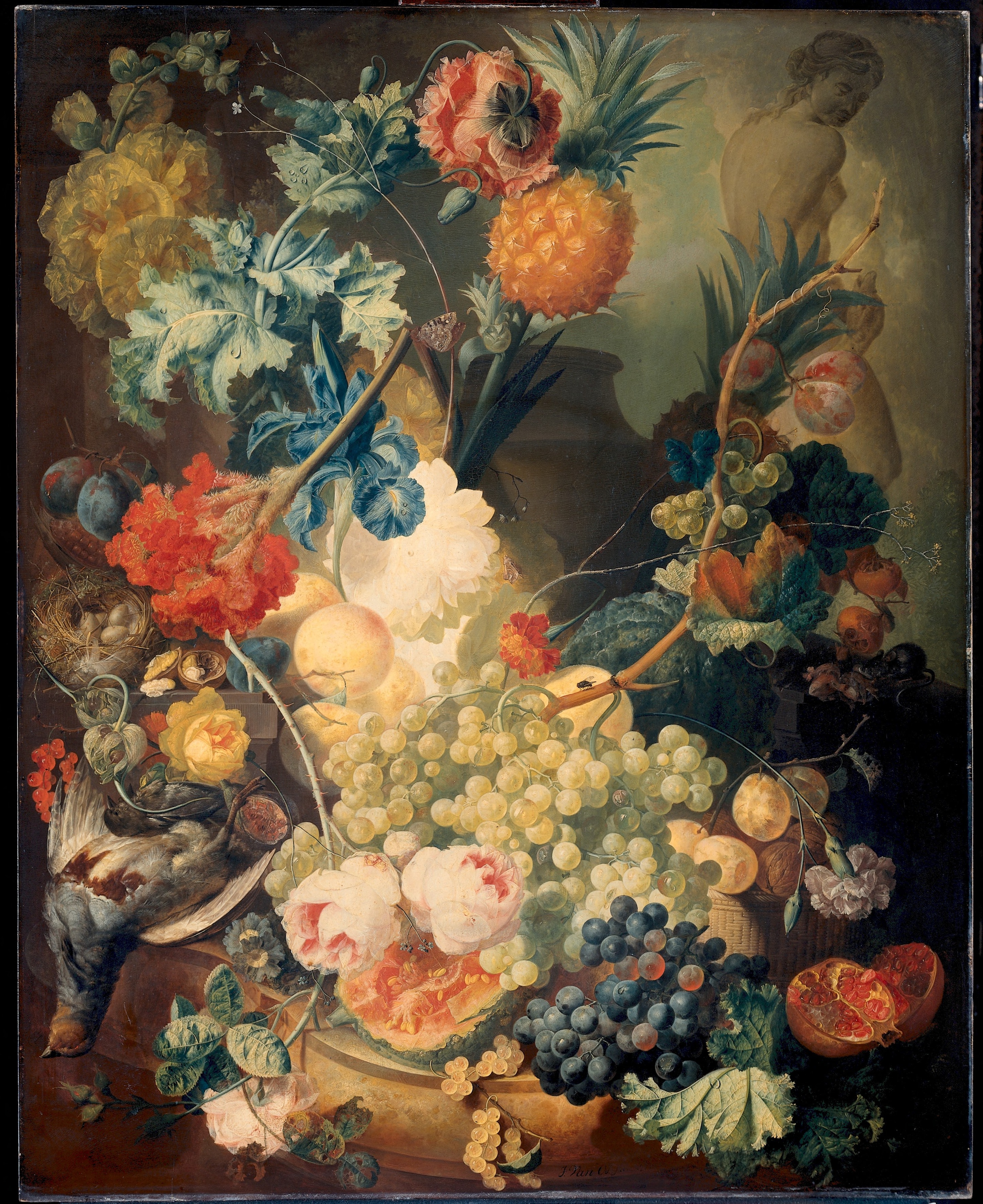 Stilleven met bloemen, vruchten en gevogelte by Jan van Os