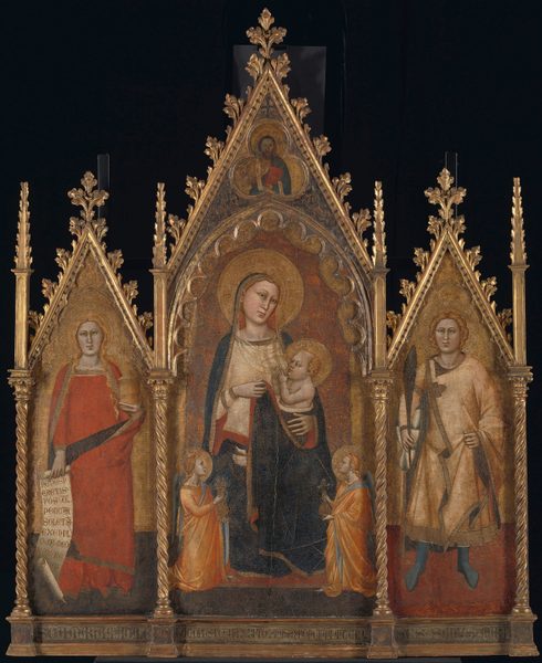 Drieluik met Maria en kind en de heiligen Maria Magdalena en Ansanus by Orcagna