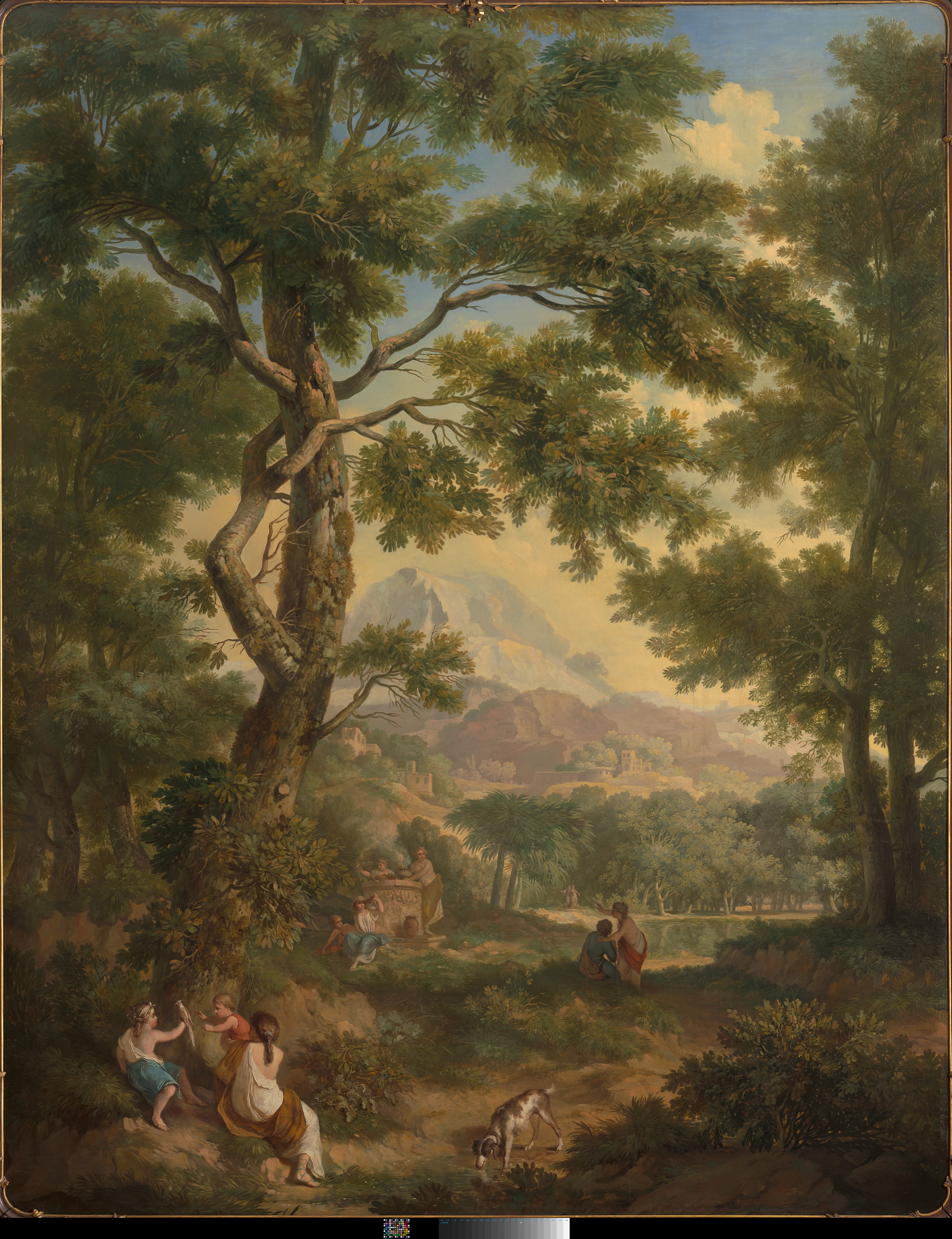 Arcadisch landschap met linksvoor kinderen met een vogel en een hond by Jurriaen Andriessen