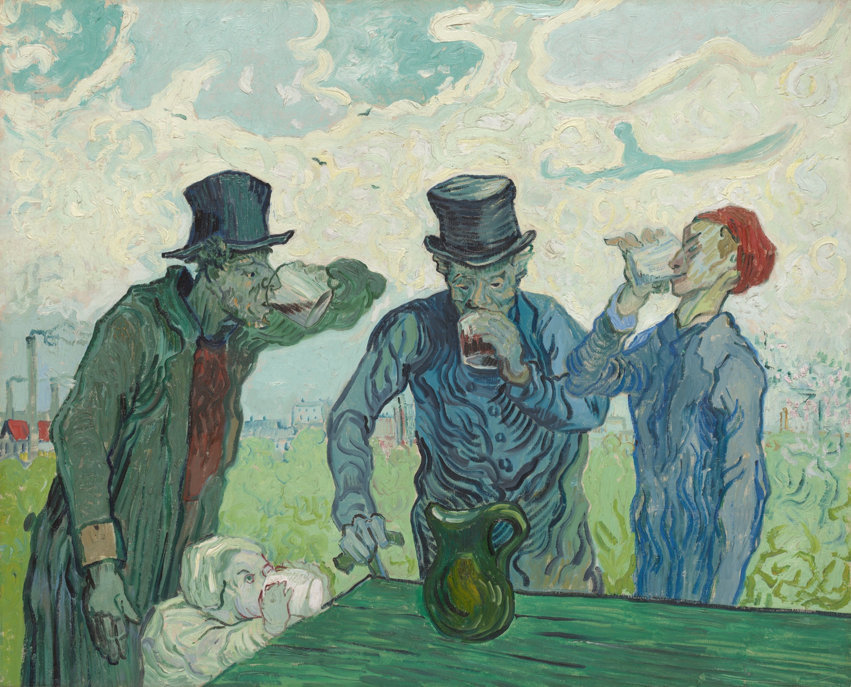 Painting of three male figures, two older men in top hats and a younger man with red hair, standing outdoors around a wooden table with a pitcher on it, drinking from glasses. A much smaller, childlike figure at left peers over the table and drinks from a white cup. The scene is rendered in winding paint strokes in shades of green and blue.