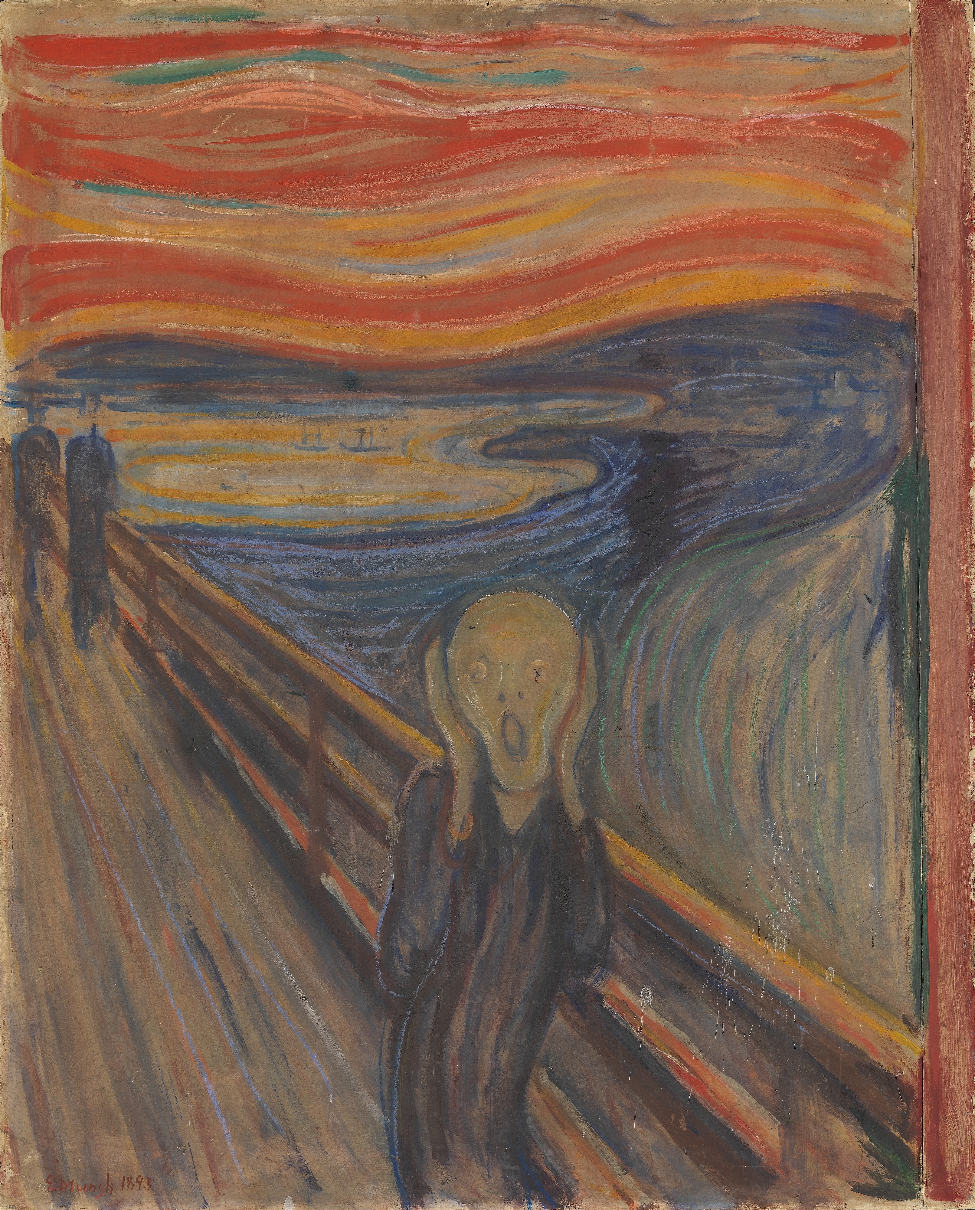 Munch: a figure with an open mouth on a bridge beneath a red-orange sky and curved shoreline.