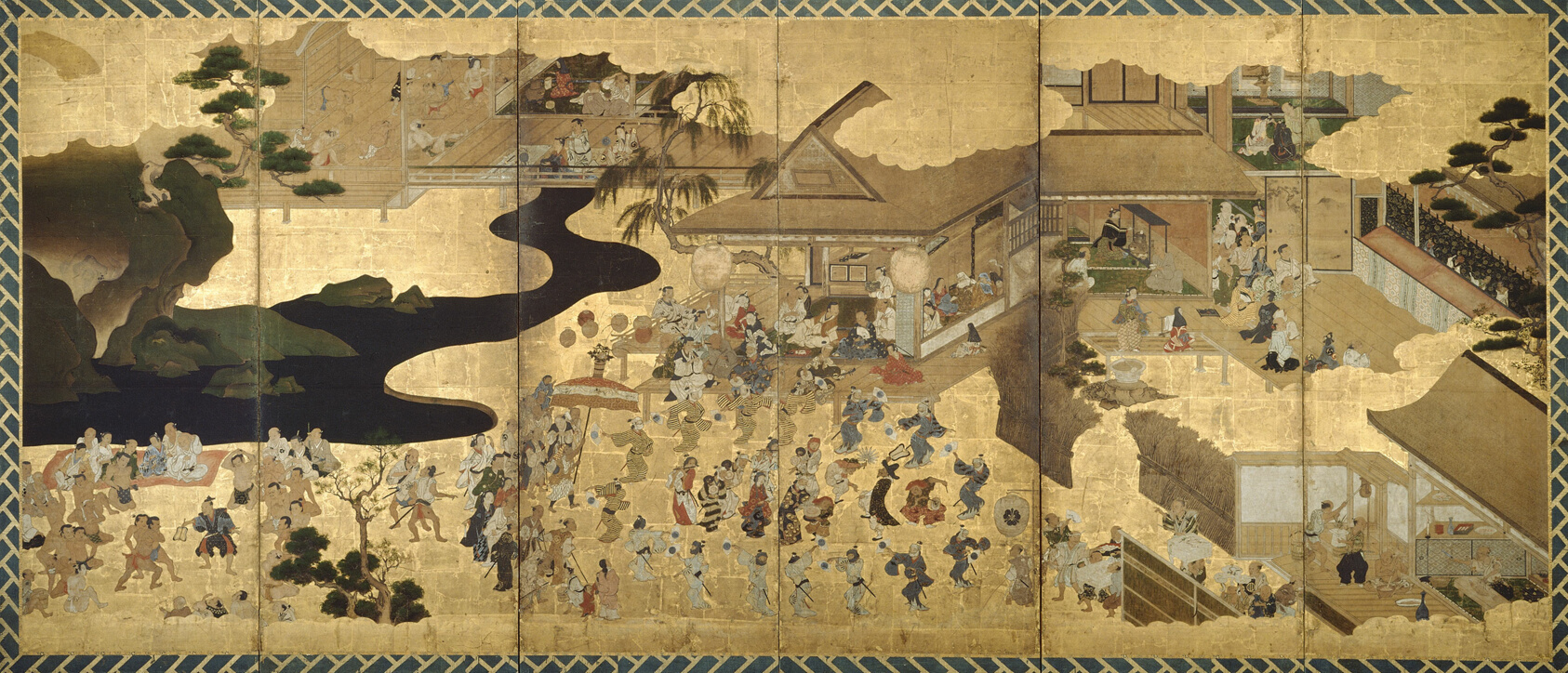 A work made of six-fold screen; ink, color, gold and silver on paper.