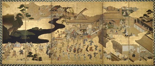 A work made of six-fold screen; ink, color, gold and silver on paper.