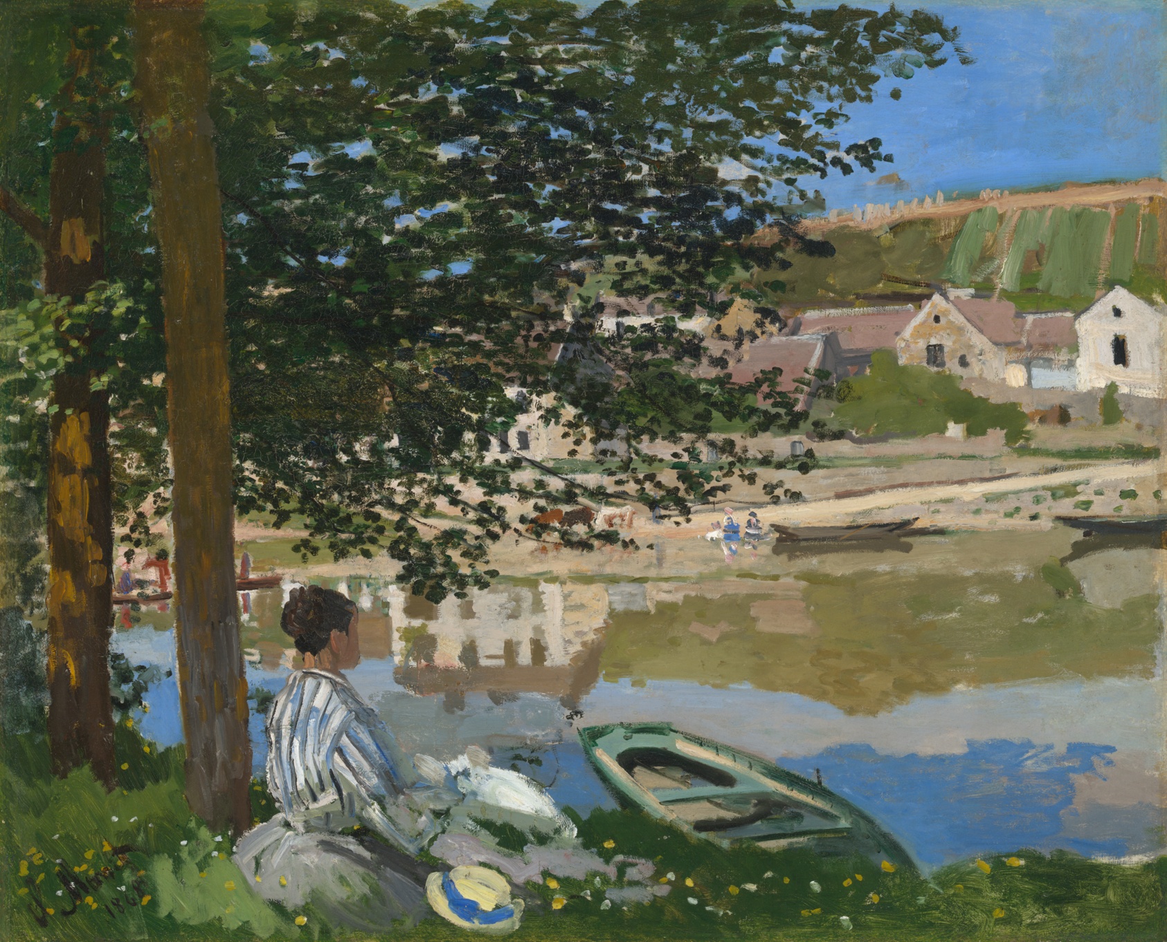 Painting of woman in a striped dress seated on the bank of a river, beneath a full, leafy tree, a boat at the shore and a village visible across the river.