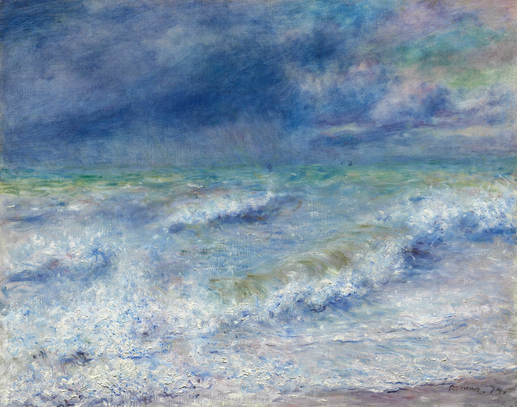 Vivid, lush view of rolling waves in purple, white, blue, and green against a bright blue sky with a watercolor-like blending of blues and purples. Sea and sky nearly become one.