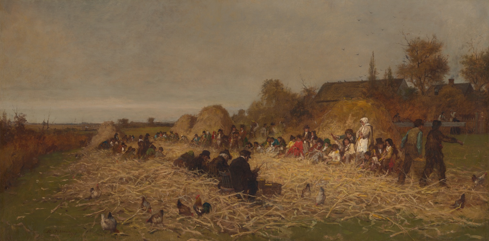 Dozens of figures in a brown field filled with discarded corn silks form two rows and sit across from each other husking corn, a farm in the background.