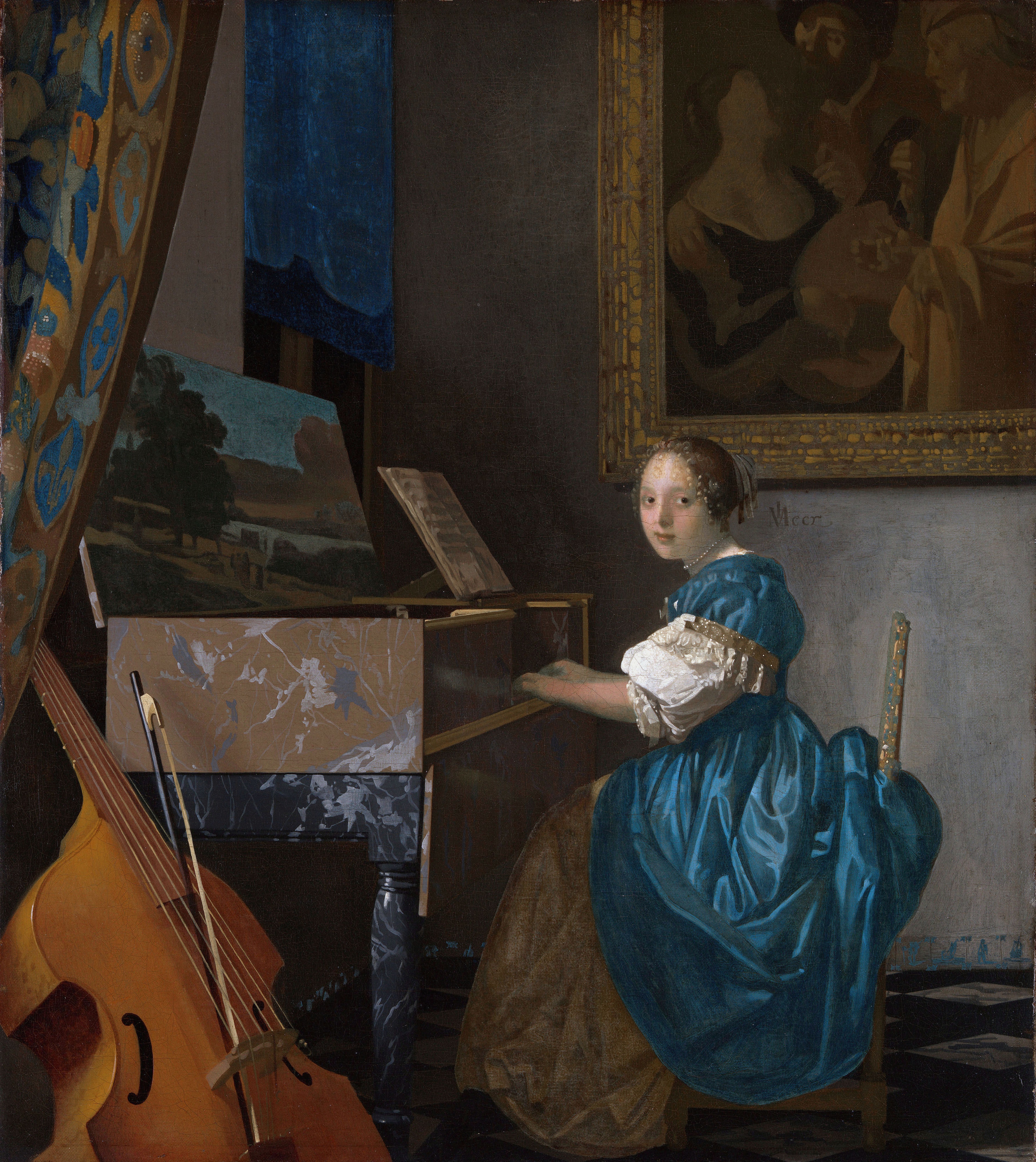 A young woman seated at a virginal . [ 1 ] Alternative title(s): A Lady Seated at a Virginal . [ 2 ] by Johannes Vermeer