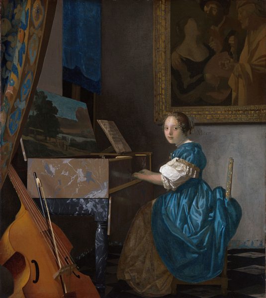 A young woman seated at a virginal . [ 1 ] Alternative title(s): A Lady Seated at a Virginal . [ 2 ] by Johannes Vermeer