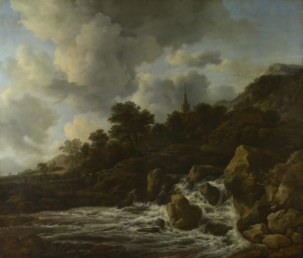 A Waterfall at the Foot of a Hill, near a Village by Jacob van Ruisdael