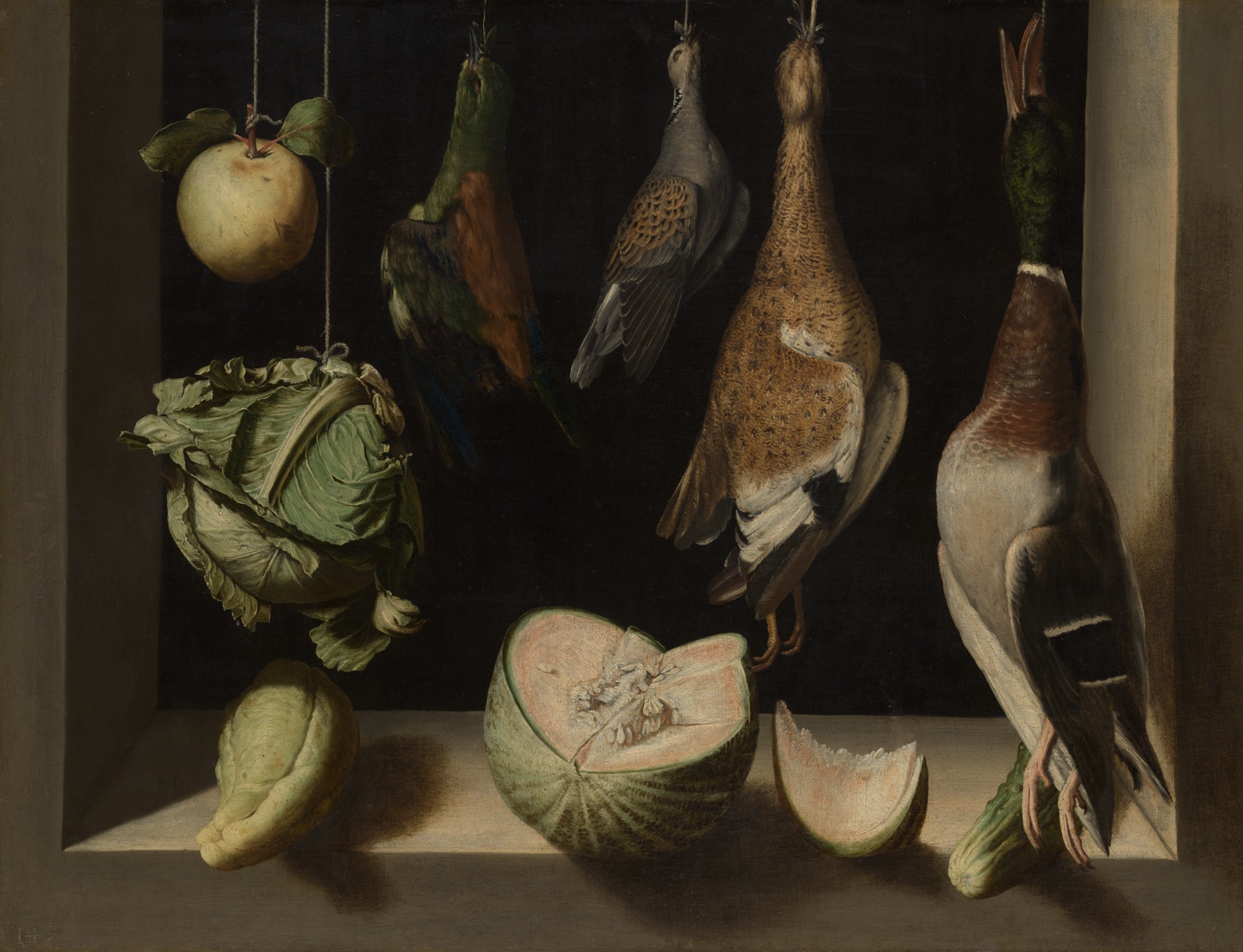 Still life painting of dead waterfowl and vegetables in windowsill.