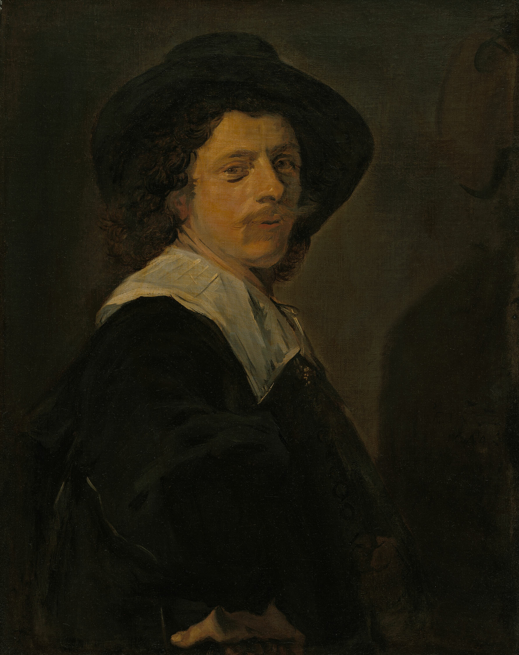 Painting of a mustached man with a wide-brimmed black hat and white flat collar seen from the waist up, turned to the viewer.
