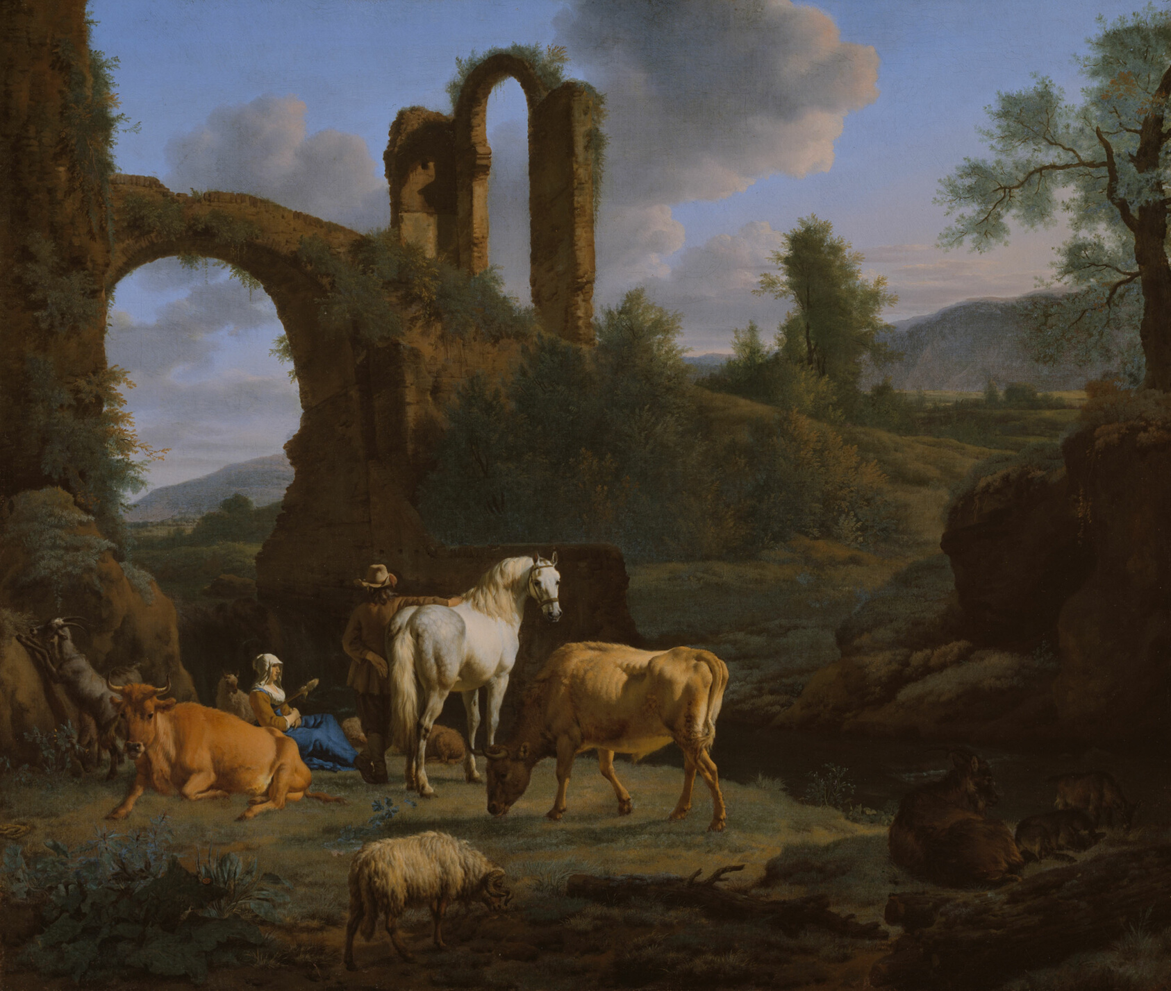 Painting of a resting man and woman with assorted livestock, arched ruins and a lush landscape behind them.