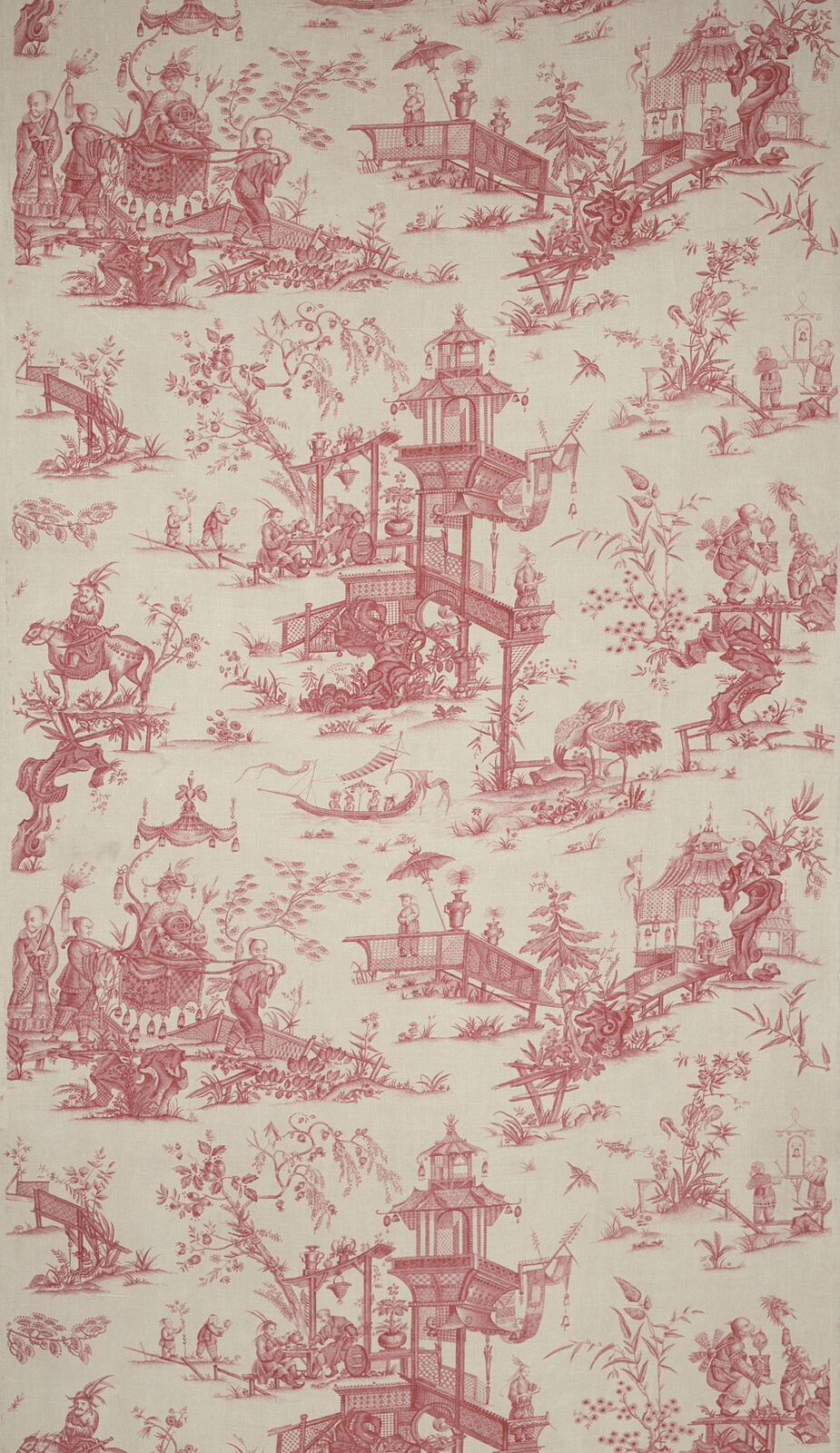 French toile fabric with oriental scenes in red on a white ground. Pattern repeats and includes scenes of life.