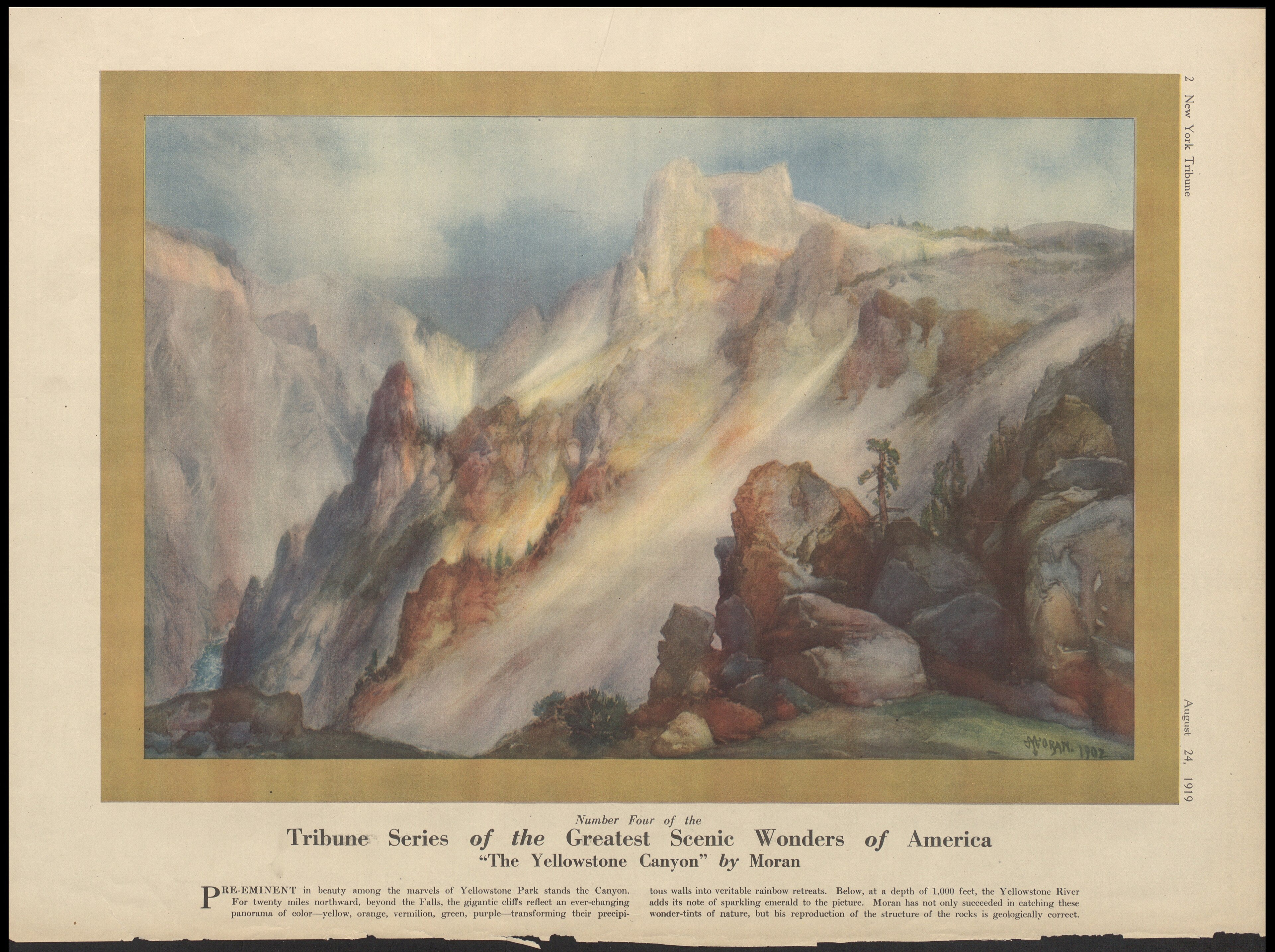 The Yellowstone Canyon by Moran, New York Tribune, August 24, 1919 by Thomas Moran