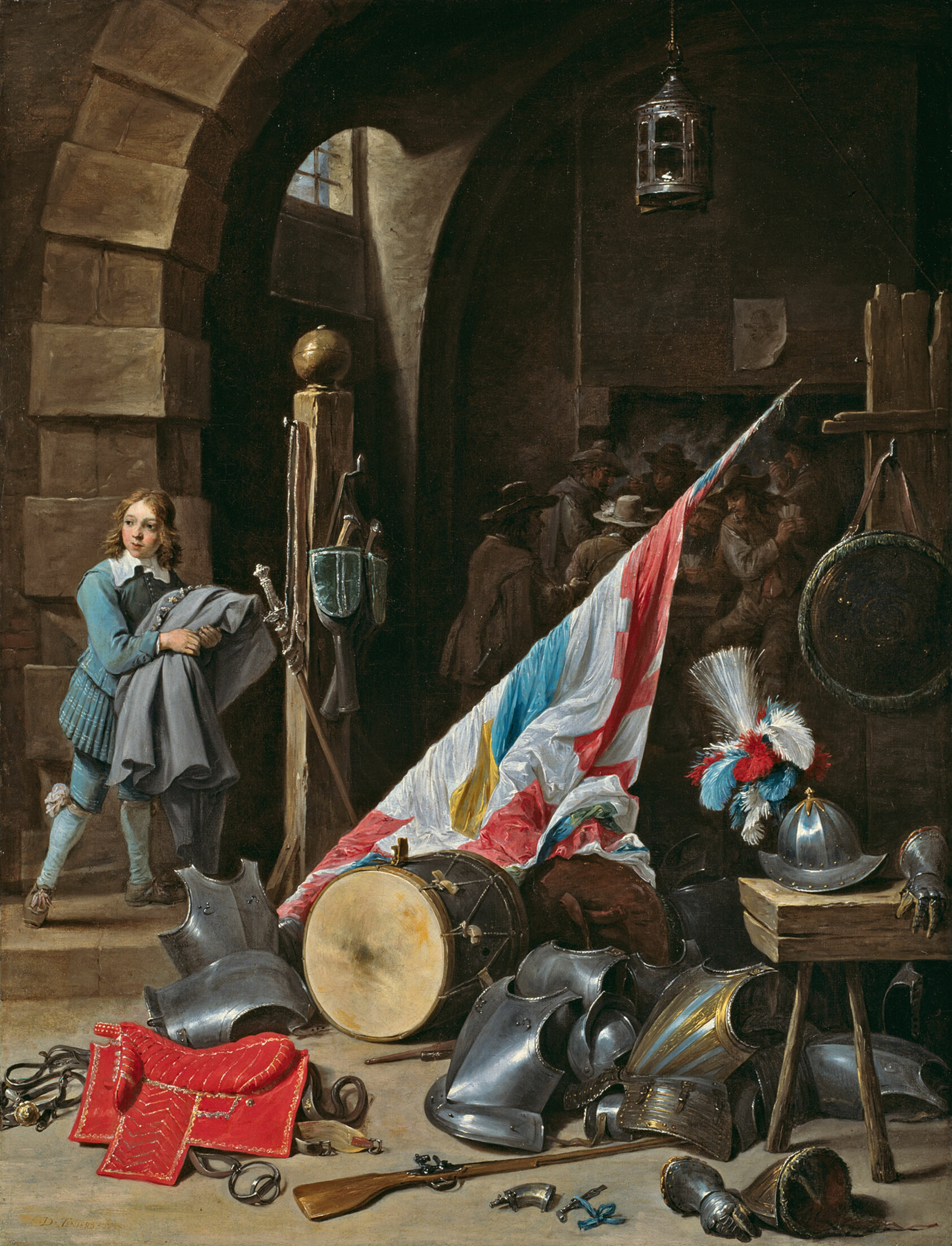 Vertical oil painting of a large pile of discarded armor, weapons, and other items in a guardhouse, including a rolled-up white, yellow, red, and blue flag and a drum. At left, a boy in light-blue clothing holds a gray coat. In the background, a group of men huddle together.