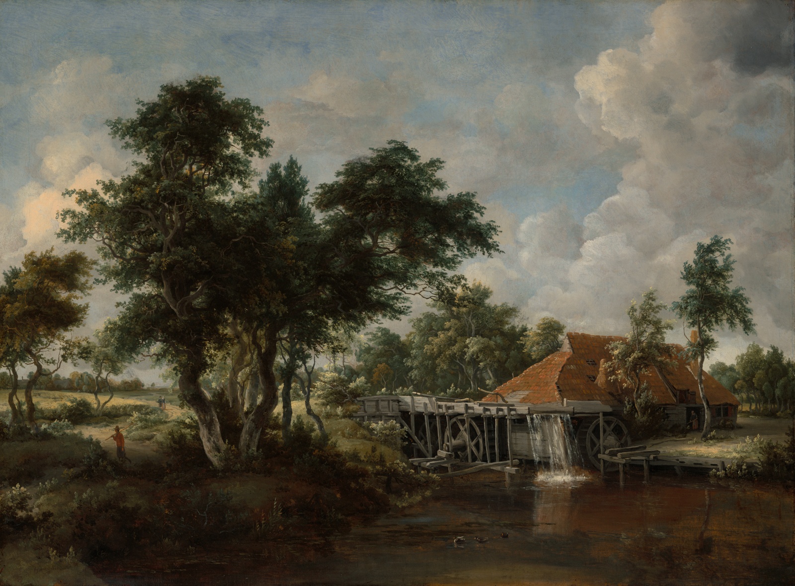 Landscape painting featuring a wavy tree tree in the foreground and a watermill with a red roof adjacent to a river at right. Colors are subdued earth tones, the foliage a dark green and the river a muddy brown. Water flows through the mill wheel under a cloudy sky of gray and blue. Three individuals can be seen in the distance at left.