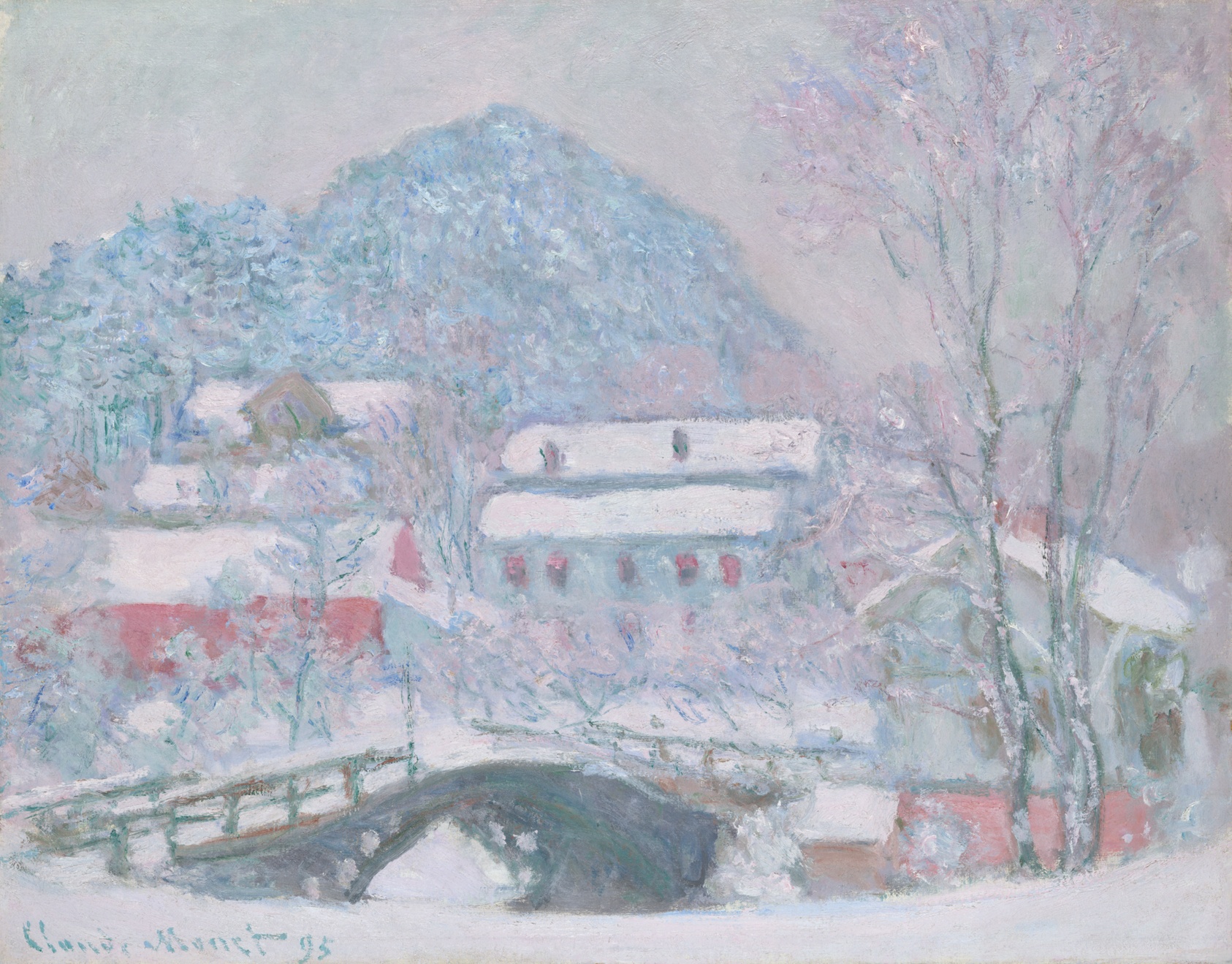 Light-colored snowscape with visible brushstrokes featuring a bridge in front of red and white barns and farmhouses, surrounded by trees.