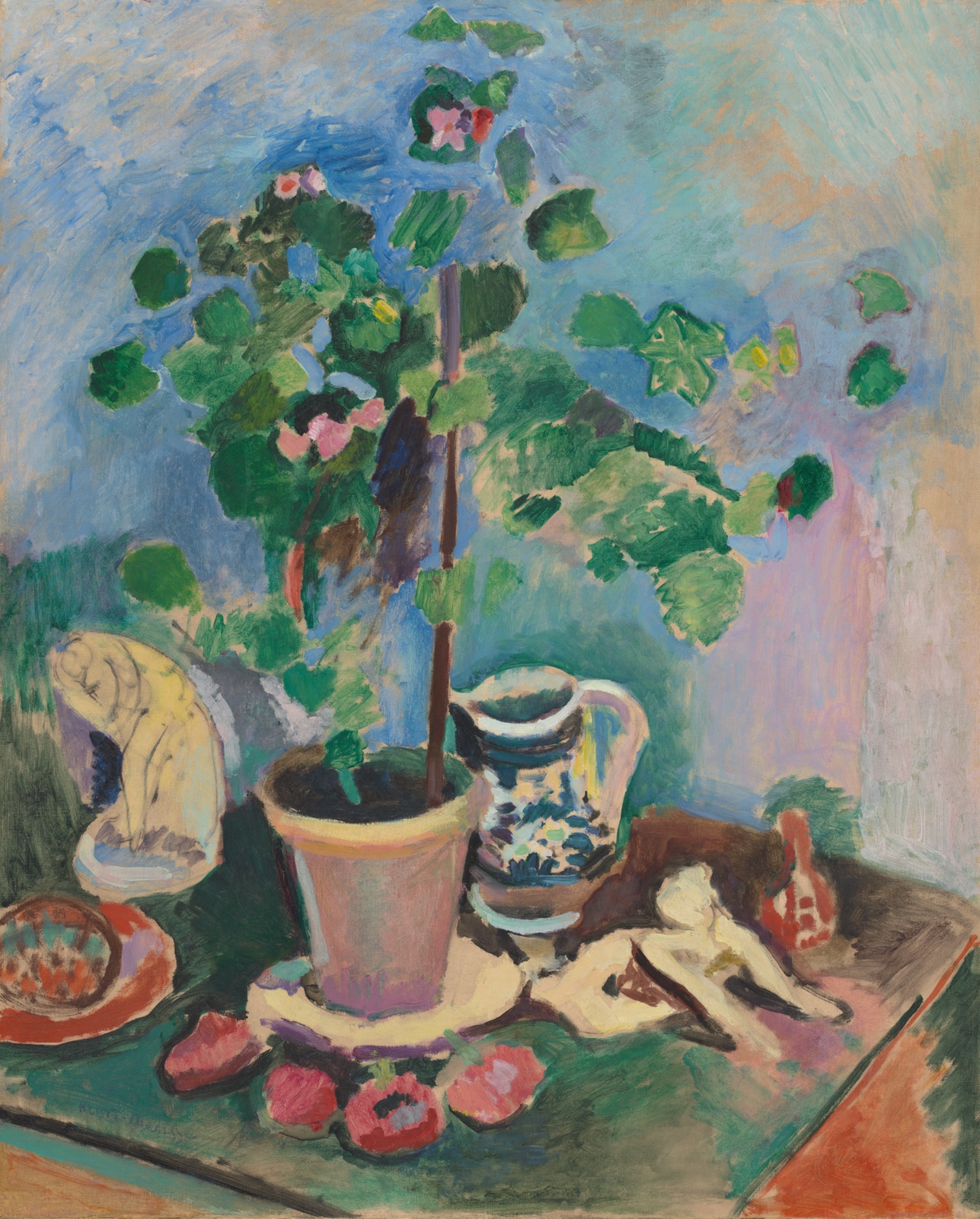 Still life of geranium plant, fruit, water pitcher, and two cats.