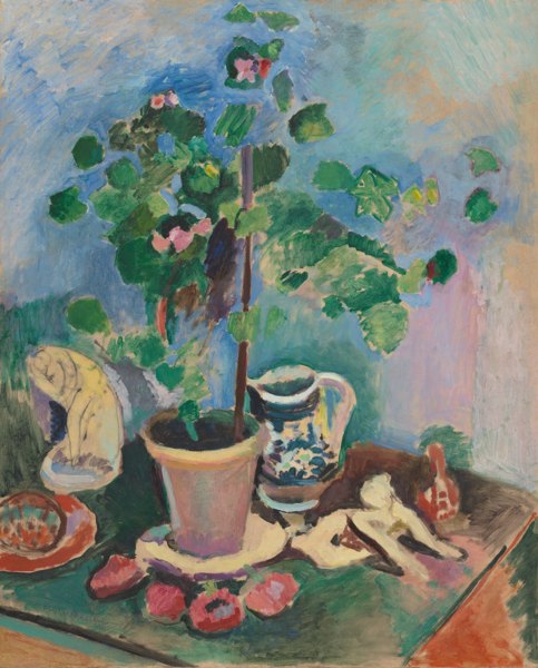 Still life of geranium plant, fruit, water pitcher, and two cats.