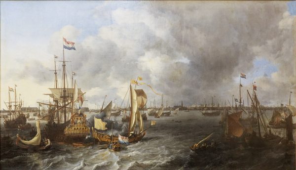 The 'Spiegel' with in the background the silhouette of Amsterdam by Ludolf Bakhuizen