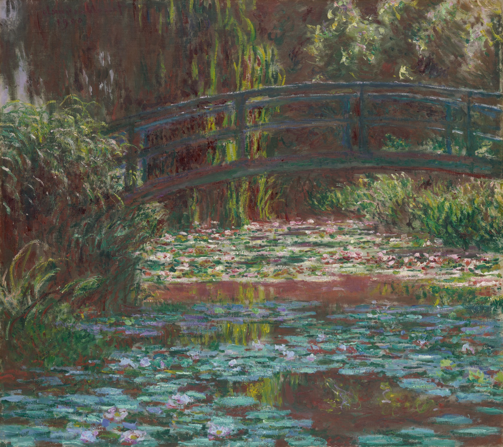 Painting of a small pond dense with pink water lilies, their roots visible through the water, a railed footbridge arching over the pond and lush, dark green folliage surrounding it.