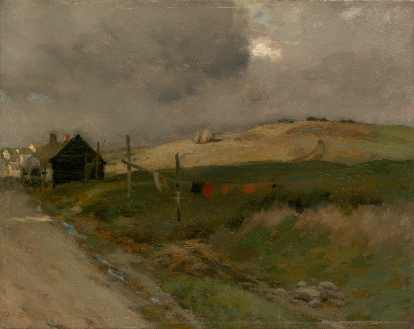 Painting of linens drying on a fence in a field under a dark, overcast sky, a dirt road at left leading to a small village.