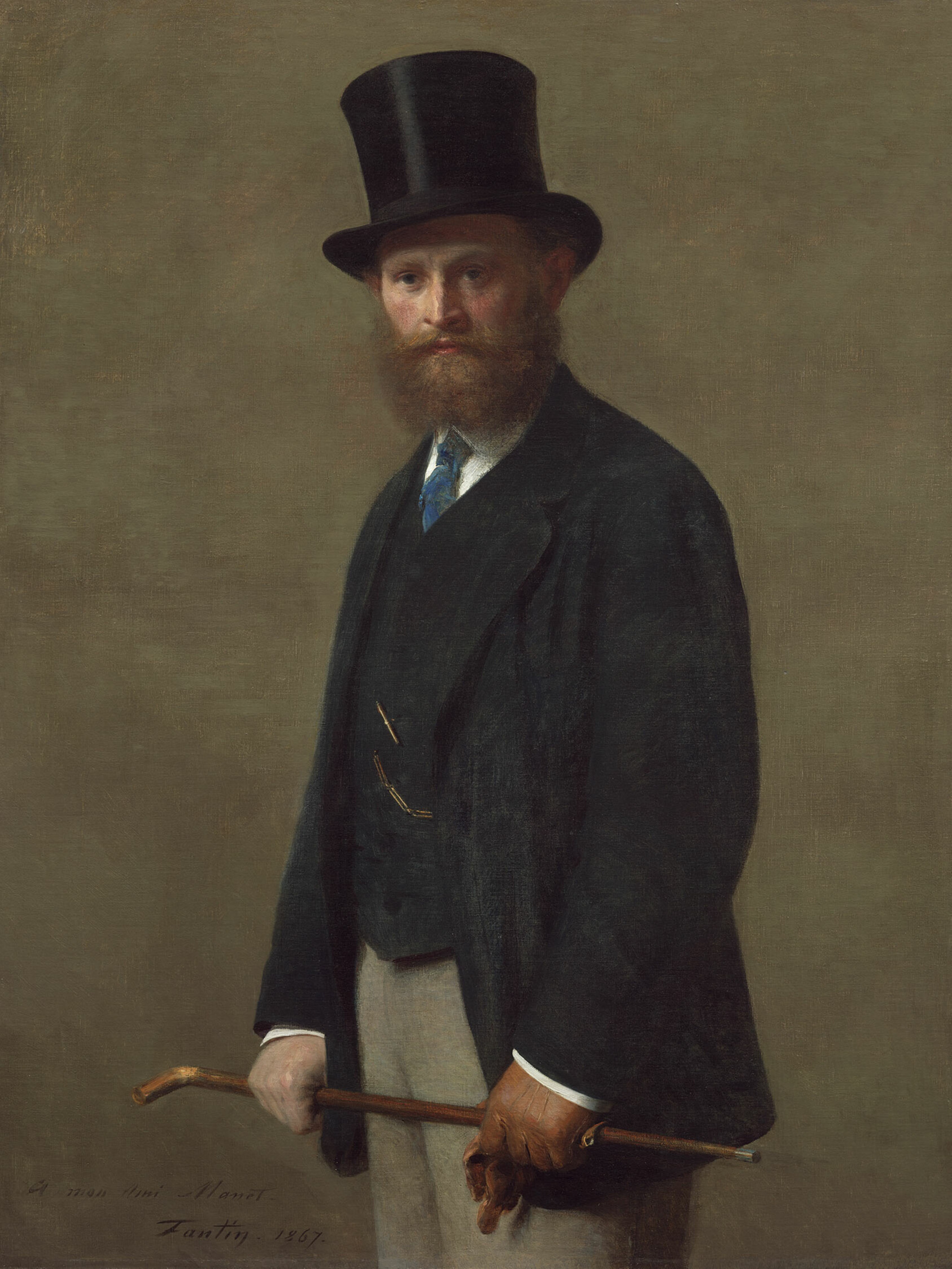 Portrait of a straight-faced, light-skinned man with a bushy, light-brown beard and rosy cheeks wearing a dark vest, jacket, and shiny top hat. He grasps a thin cane, held horizontally, with both hands.