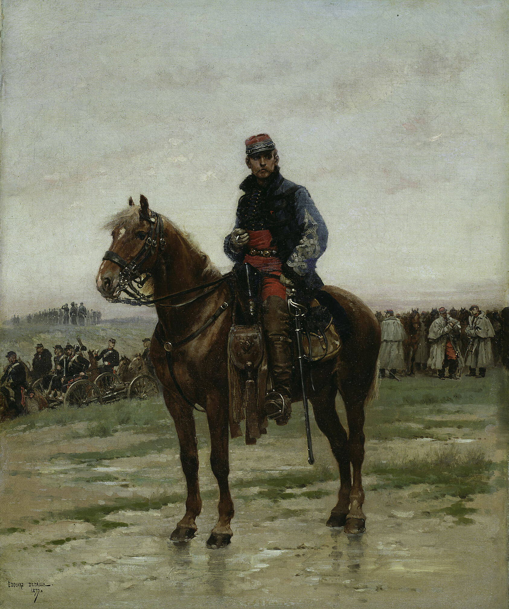 A man sits on a brown horse at center wearing a soldier's uniform, red pants, and blue and gray jacket, with other soldiers in the background. The ground appears wet, the sky vast and gray. A weapon hangs from his side.