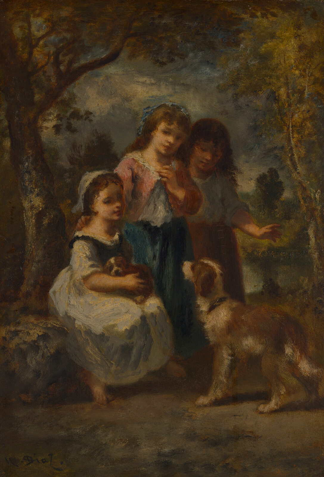 Painting of three light-skinned girls in a woodland setting. A dog in the foreground faces a girl with a puppy in her lap.