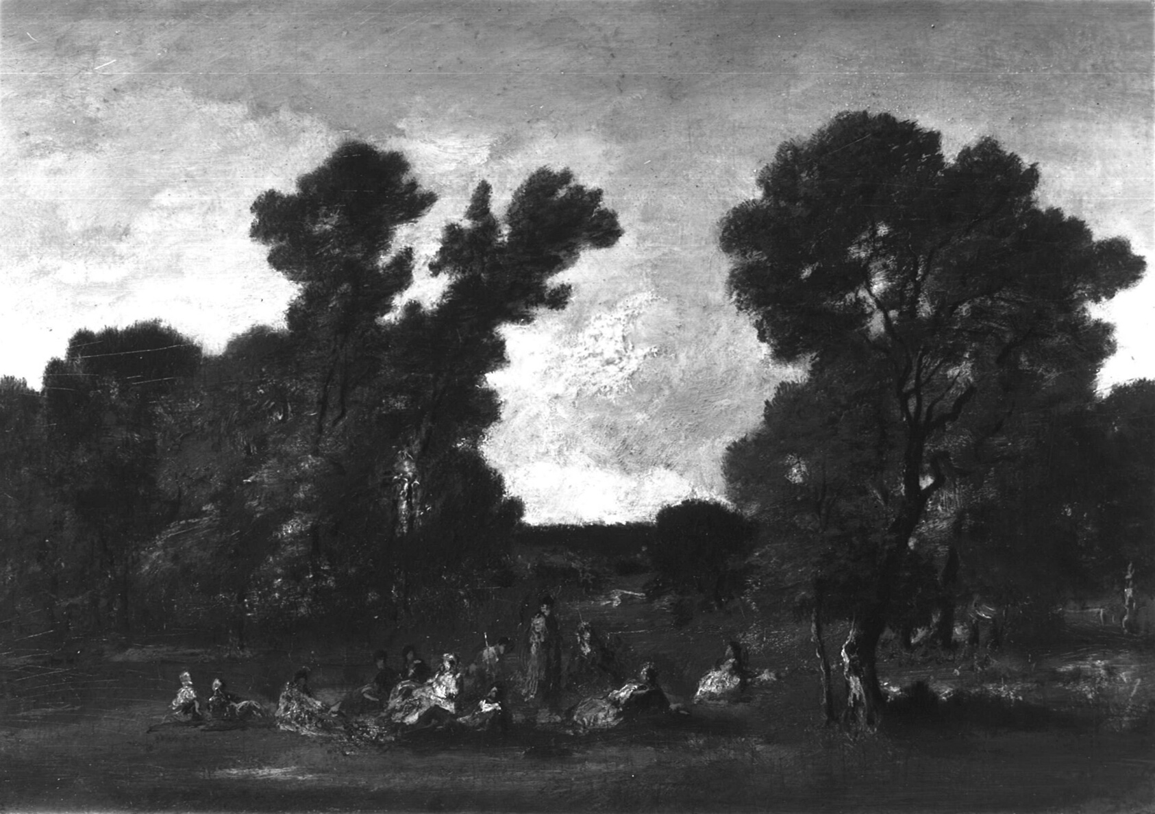 Nocturnal landscape painting with lush trees and a large patch of sky with visible brushstrokes. Multiple small, seated figures line the foreground.