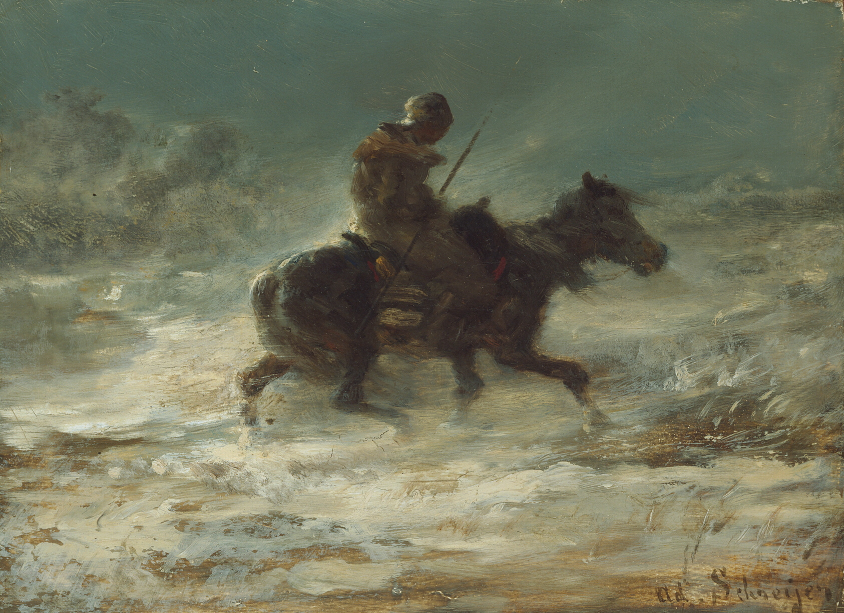 A hunched figure on horseback holds a thin shaft as he makes his way through windy, snowy weather suggested by strokes of white, gray, and brown.