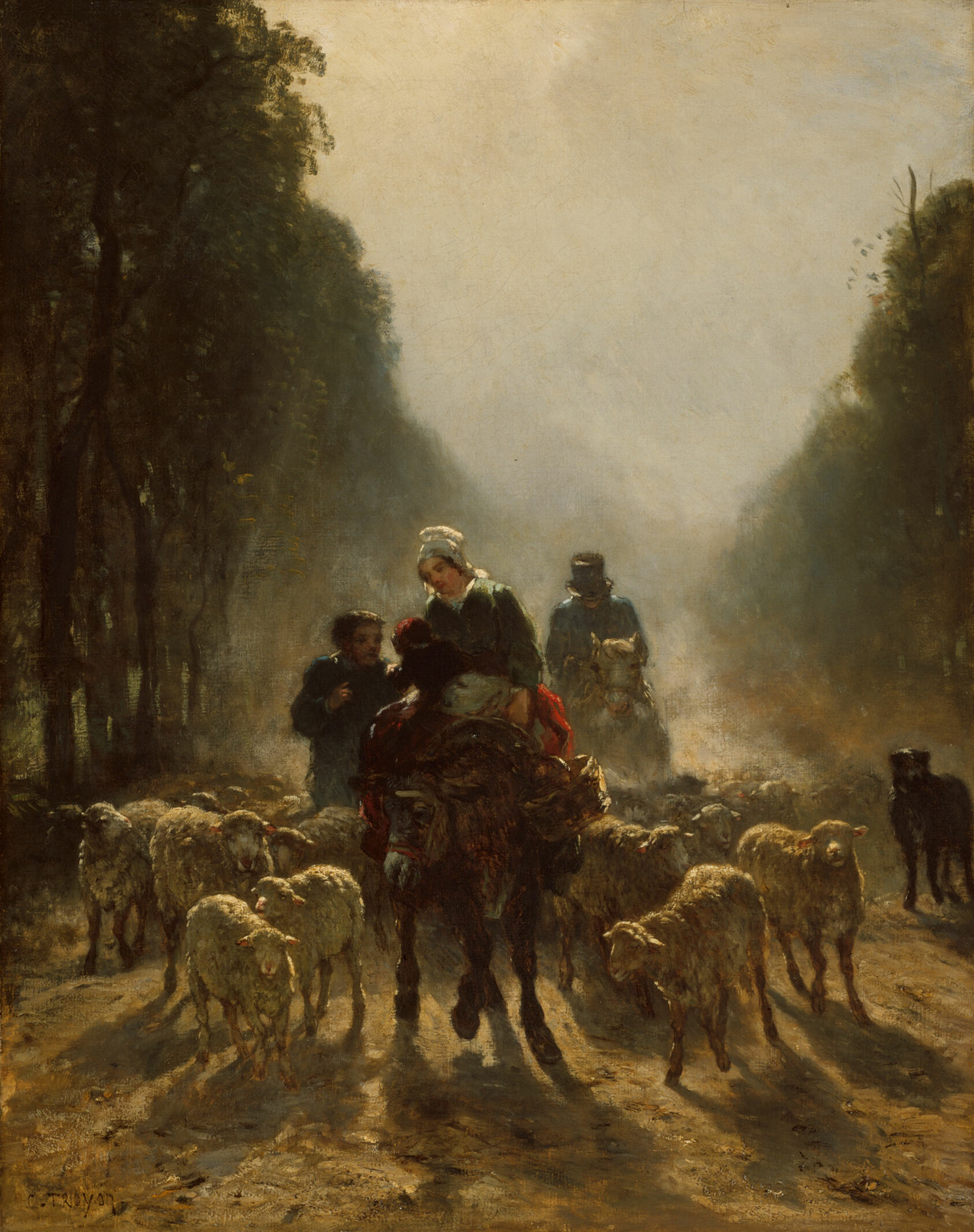 In a shaft of light, surrounded by dramatic shadow and numerous sheep, a woman on horseback in a white bonnet and red skirt carries a baby and a basket, a black dog at right. Behind her two men follow, one mounted, one on foot, on a dirt path surrounded by trees.