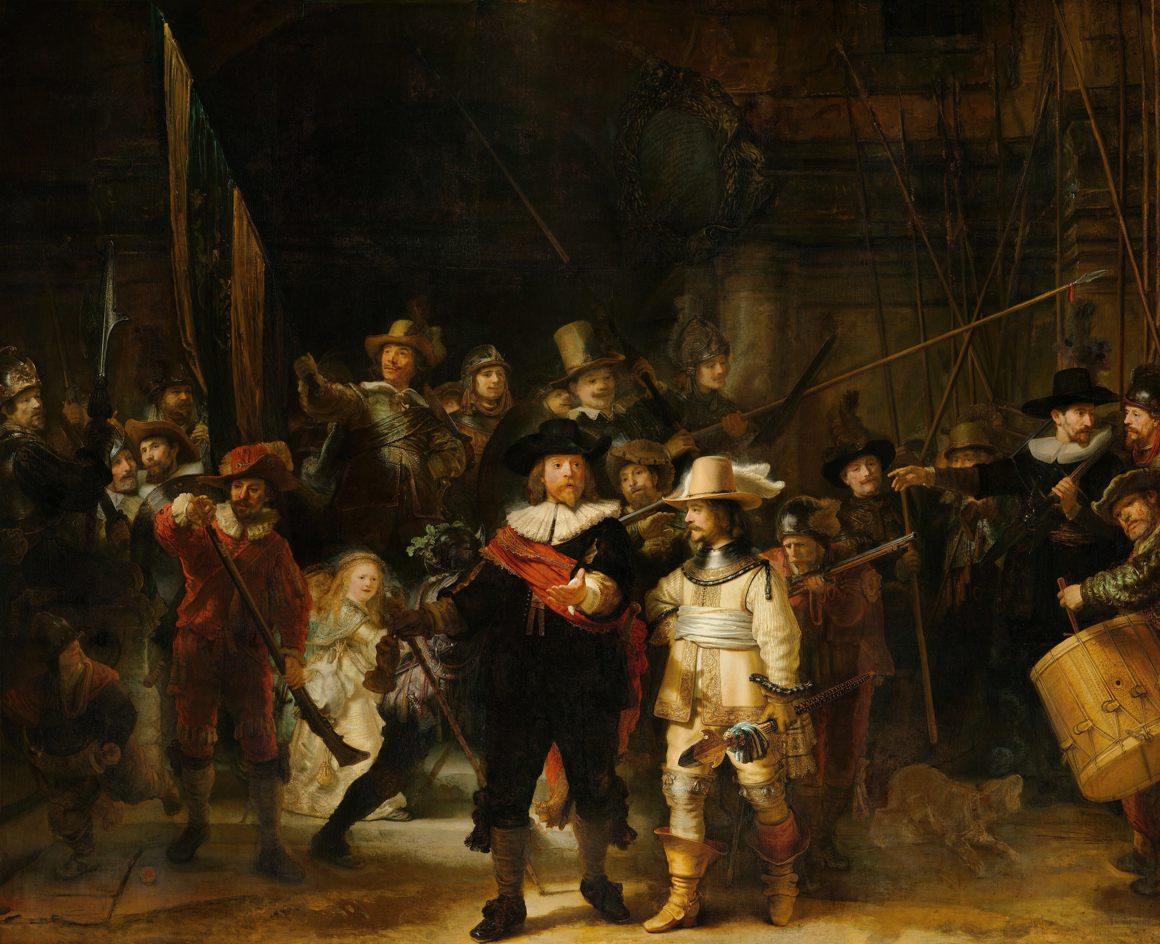 Rembrandt: an Amsterdam civic guard company in motion, with a captain in black and lieutenant in yellow.