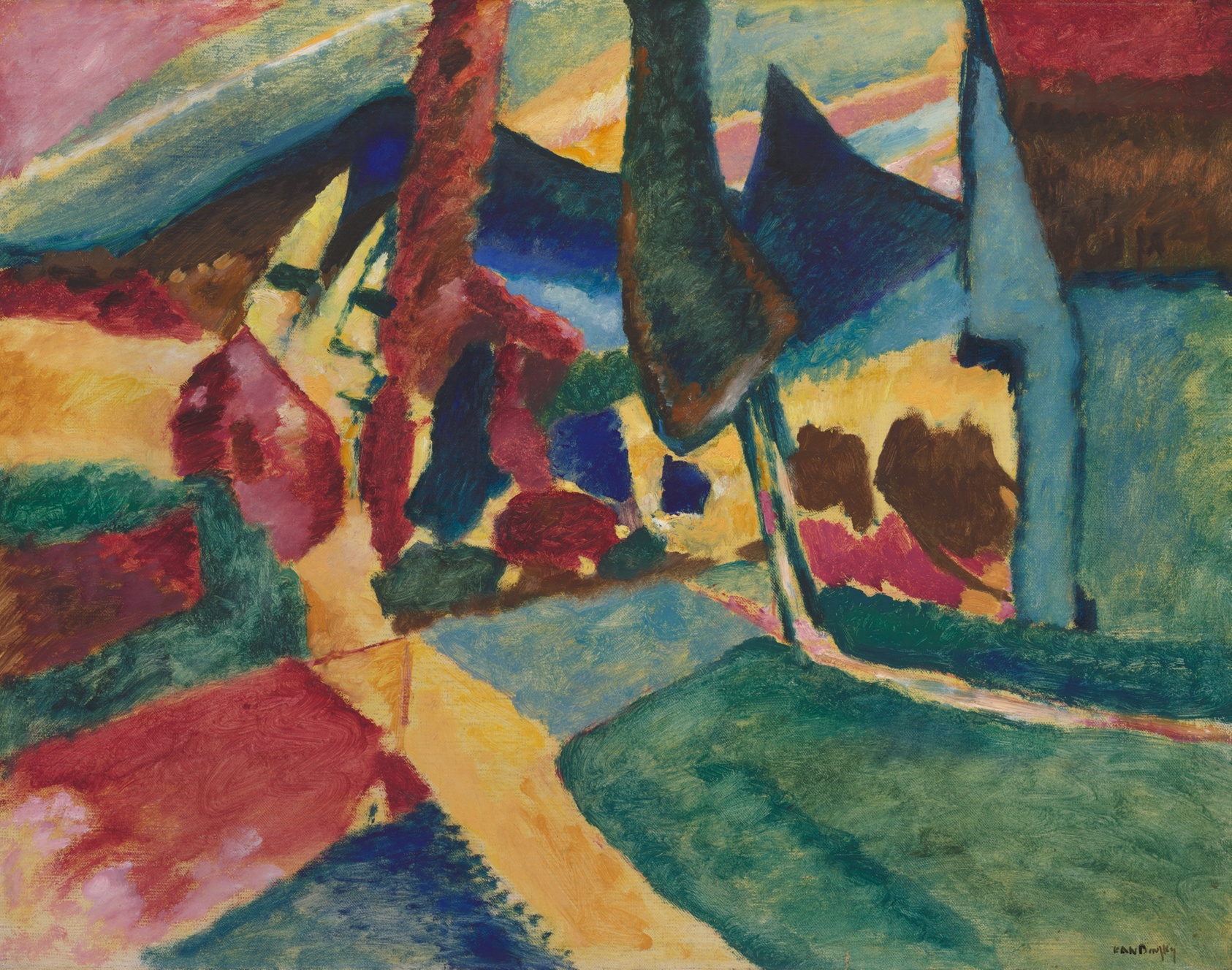 Vibrant yellow, red, blue, and green painting of landscape with trees and mountains.