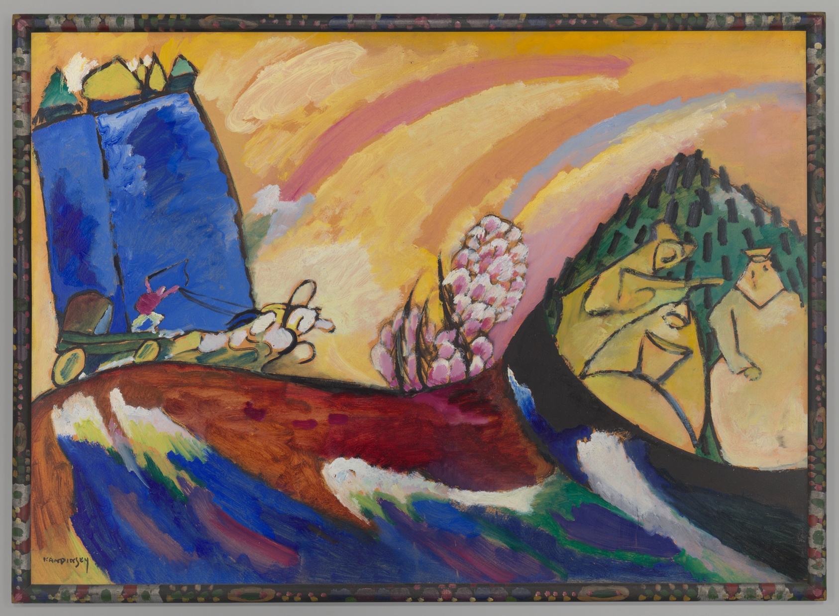 Vibrant colored painting of beachscape with figures, structure, and ox pulled cart.